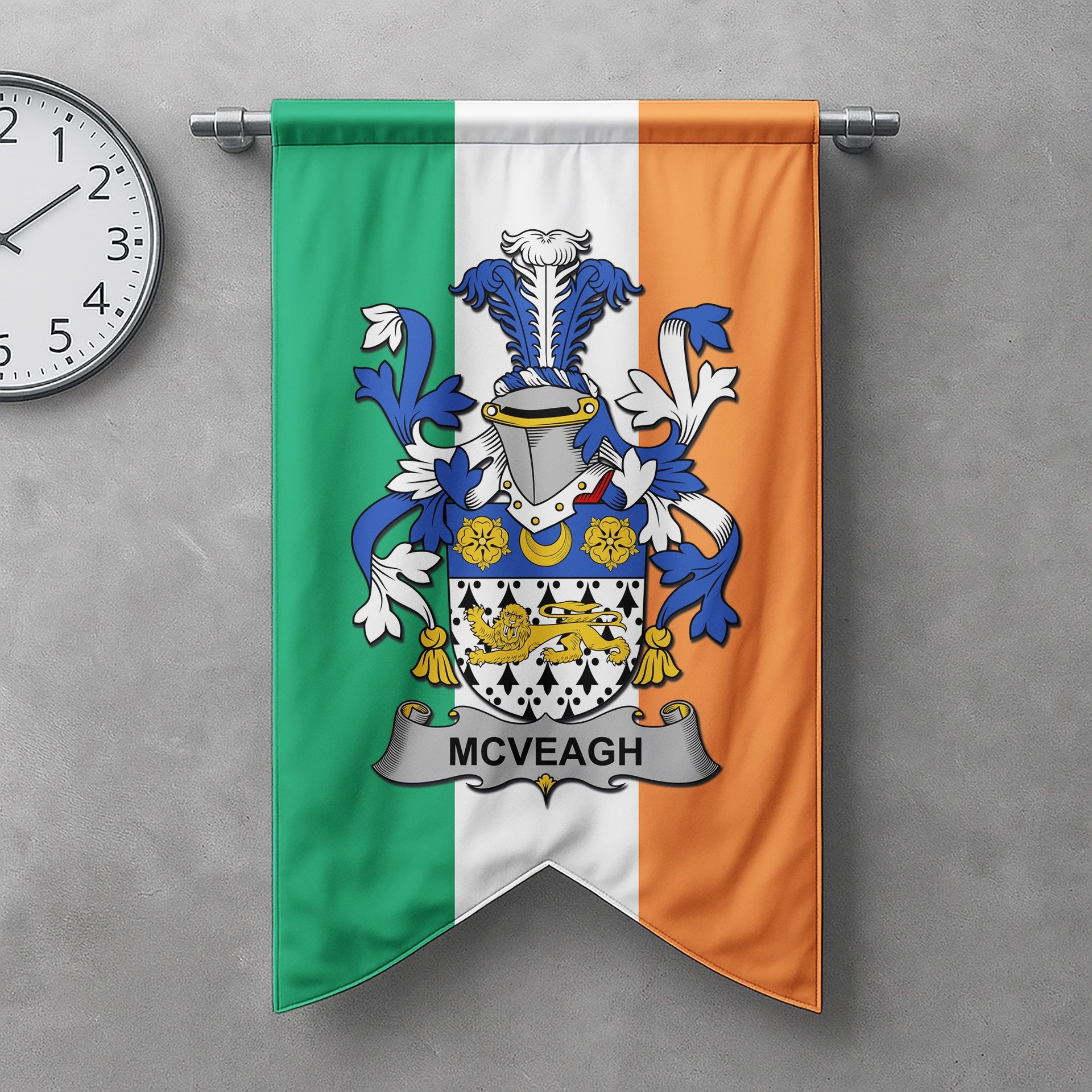 ScotsTee Shop Irish McVeagh or McFingah Clan Coat of Arms Irish Tartan Gonfalon Flag