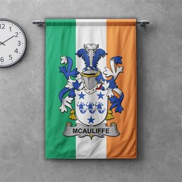 ScotsTee Shop Irish McAuliffe Clan Coat of Arms Irish Tartan Gonfalon Flag