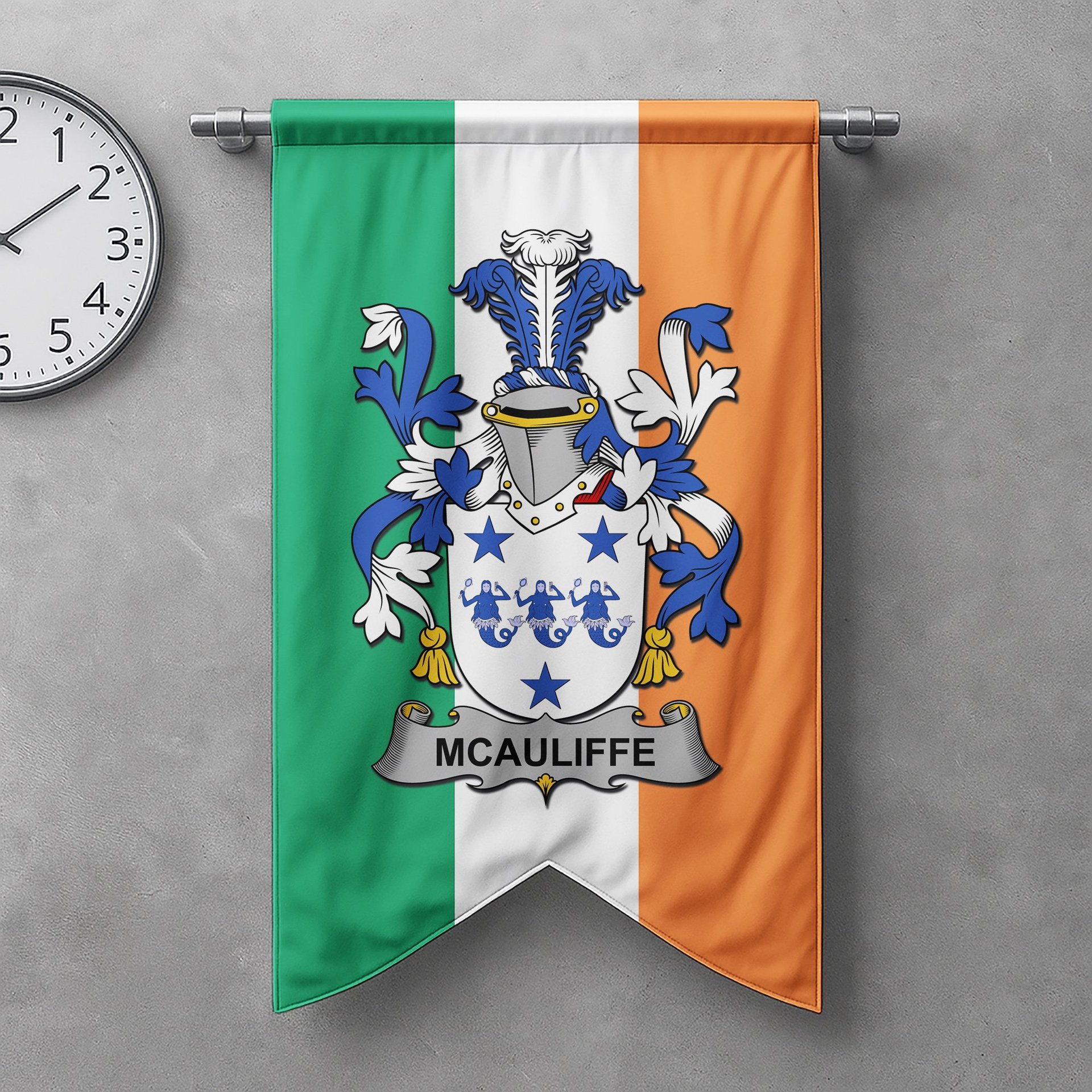 ScotsTee Shop Irish McAuliffe Clan Coat of Arms Irish Tartan Gonfalon Flag