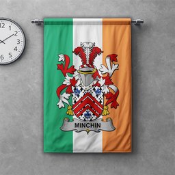 ScotsTee Shop Irish Minchin Clan Coat of Arms Irish Tartan Gonfalon Flag
