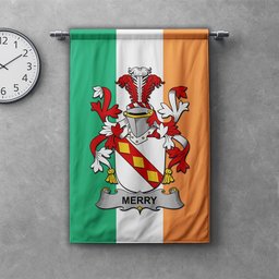 ScotsTee Shop Irish Merry or O'Merry Clan Coat of Arms Irish Tartan Gonfalon Flag
