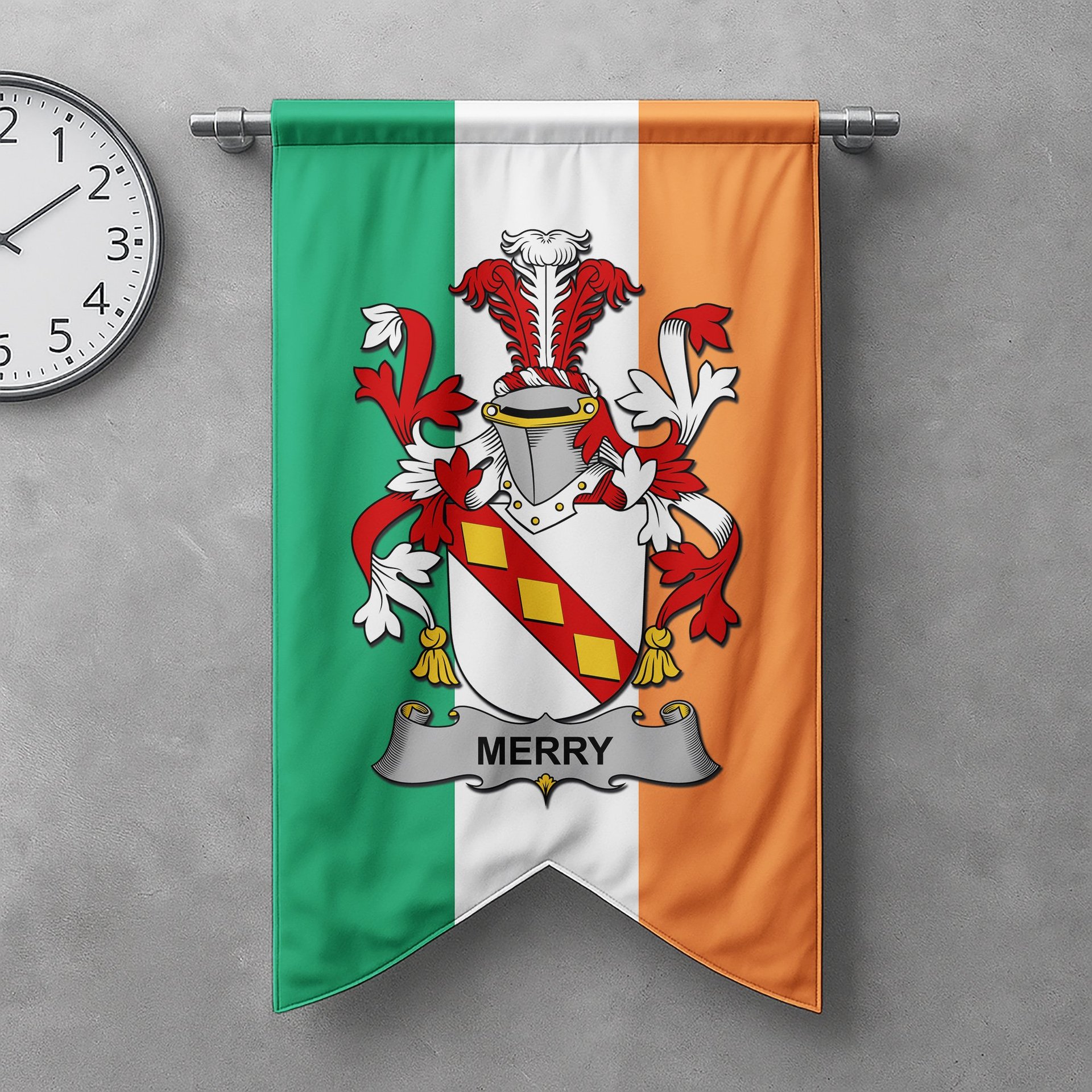 ScotsTee Shop Irish Merry or O'Merry Clan Coat of Arms Irish Tartan Gonfalon Flag