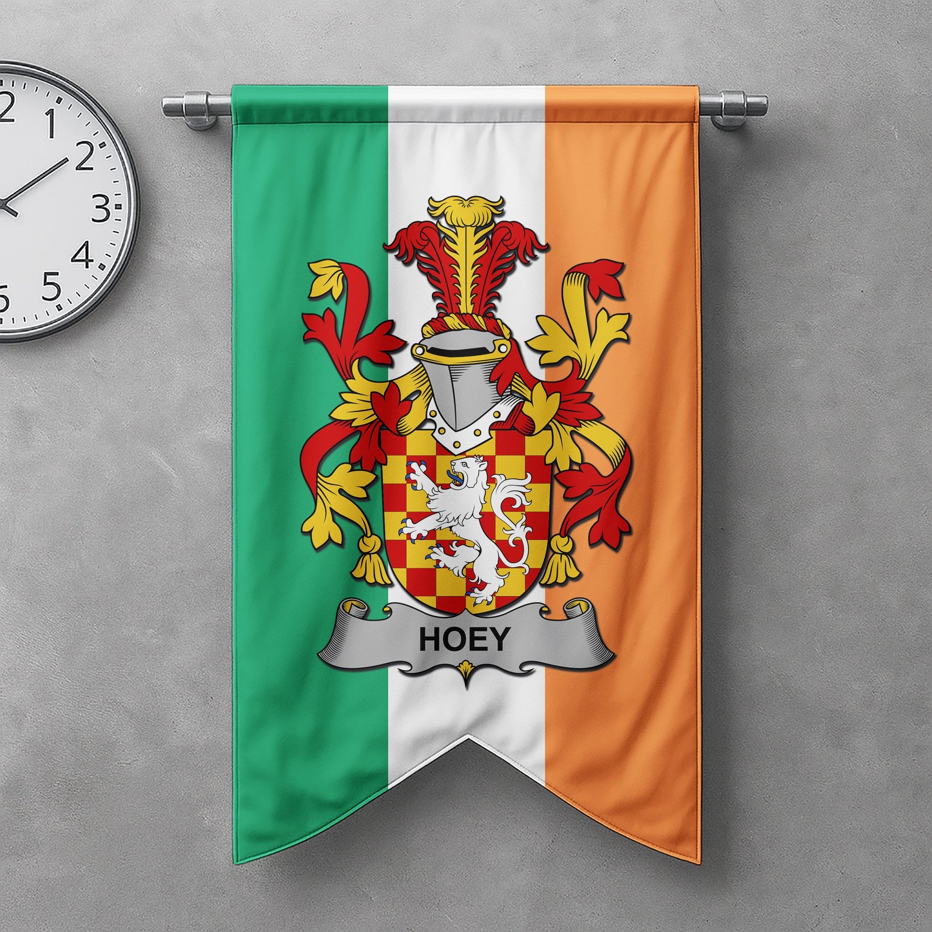 ScotsTee Shop Irish Hoey or O'Hoey Clan Coat of Arms Irish Tartan Gonfalon Flag