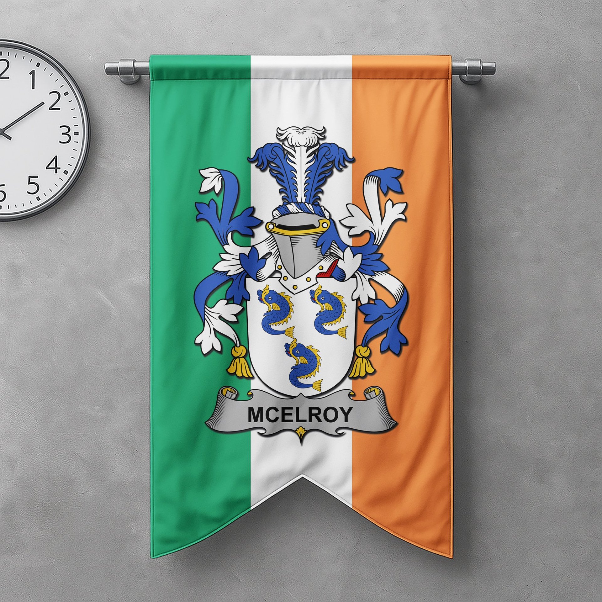 ScotsTee Shop Irish McElroy or Gilroy Clan Coat of Arms Irish Tartan Gonfalon Flag