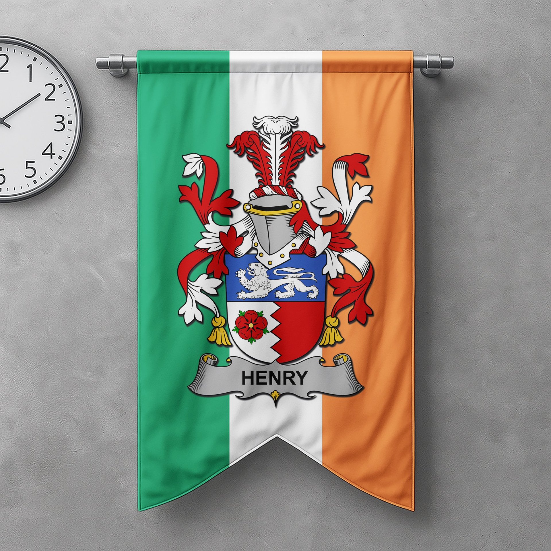 ScotsTee Shop Irish Henry or O'Henry Clan Coat of Arms Irish Tartan Gonfalon Flag