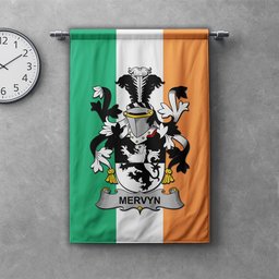 ScotsTee Shop Irish Mervyn Clan Coat of Arms Irish Tartan Gonfalon Flag