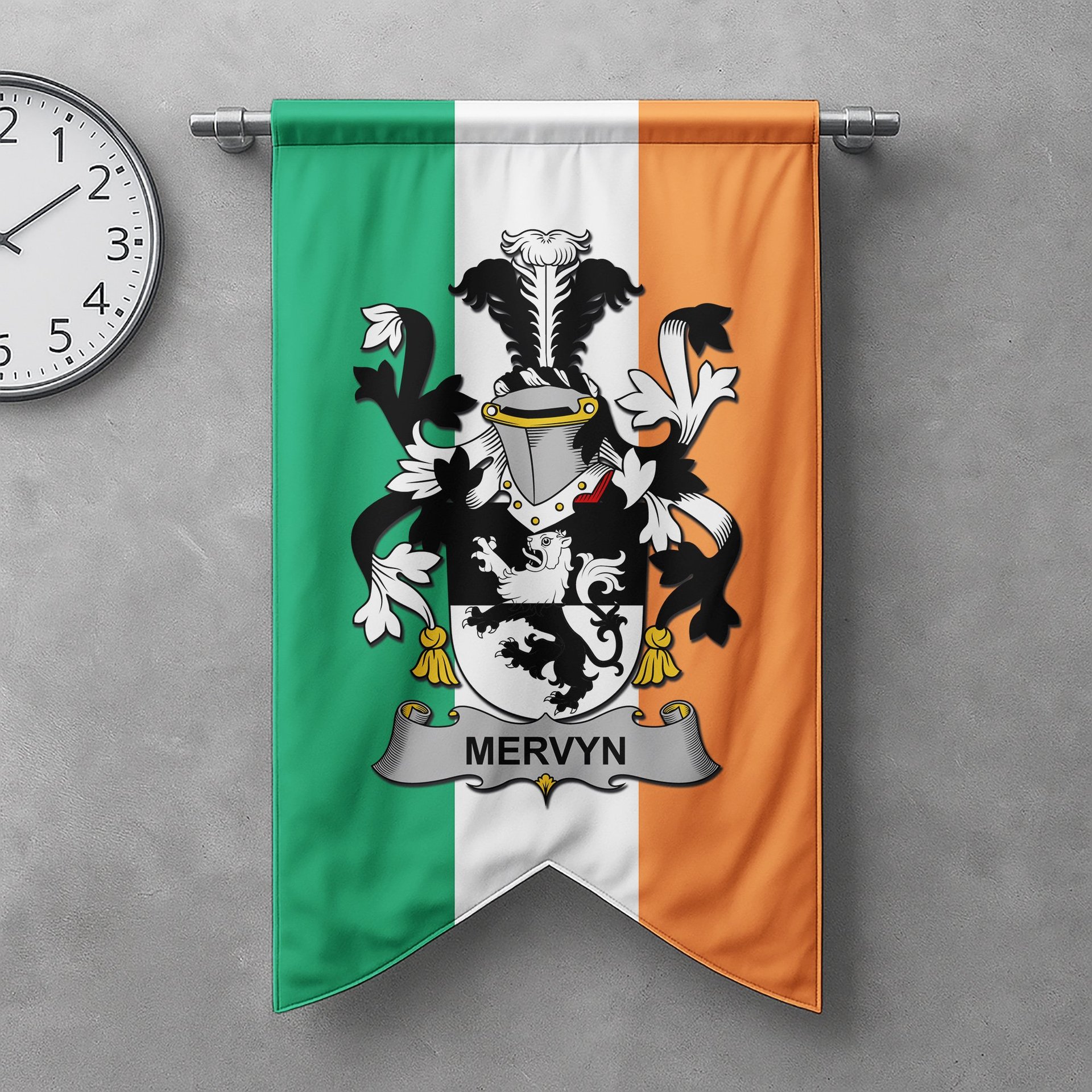 ScotsTee Shop Irish Mervyn Clan Coat of Arms Irish Tartan Gonfalon Flag