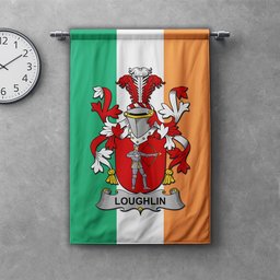 ScotsTee Shop Irish Loughlin or O'Loughlin Clan Coat of Arms Irish Tartan Gonfalon Flag