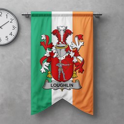 ScotsTee Shop Irish Loughlin or O'Loughlin Clan Coat of Arms Irish Tartan Gonfalon Flag