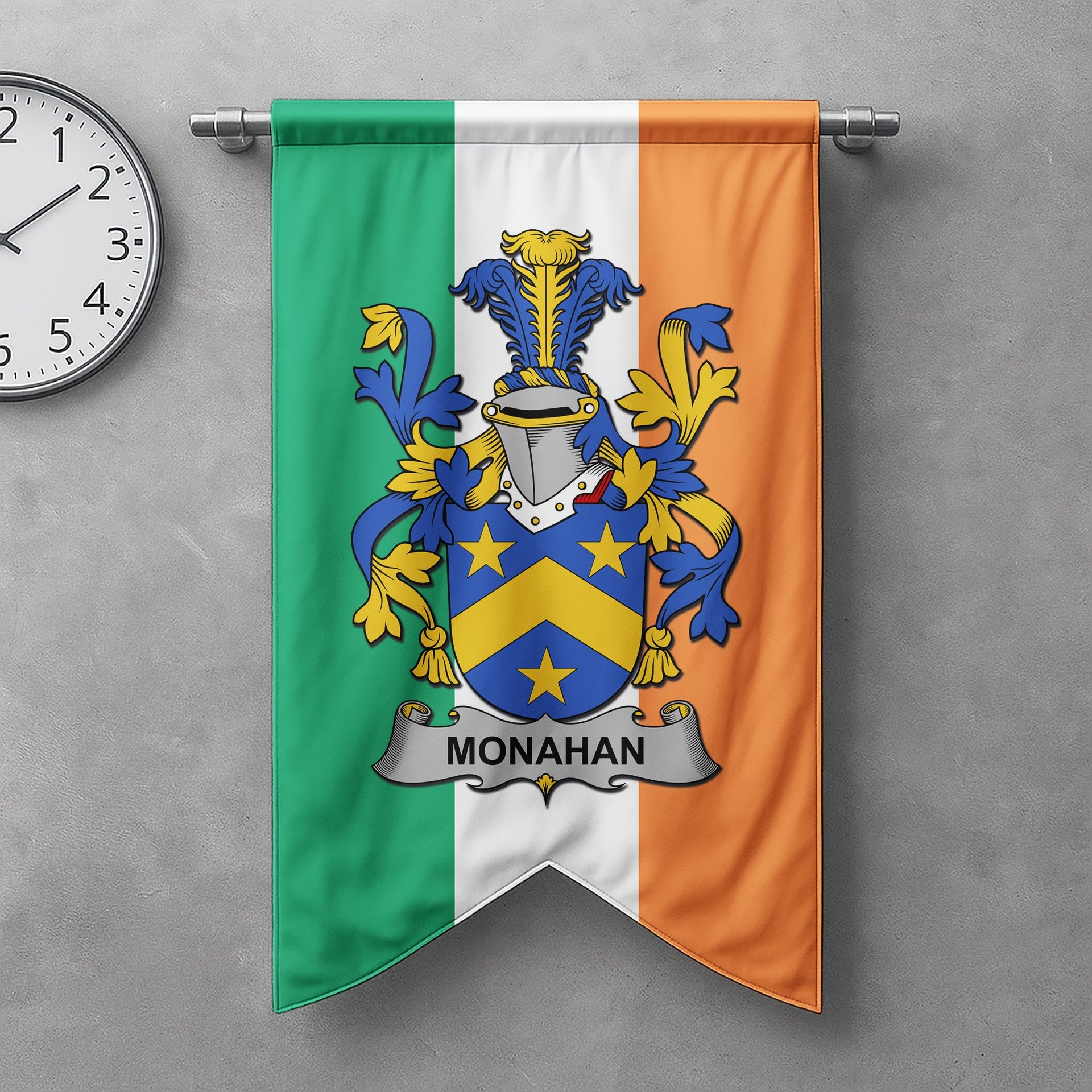 ScotsTee Shop Irish Monahan or O'Monaghan Clan Coat of Arms Irish Tartan Gonfalon Flag