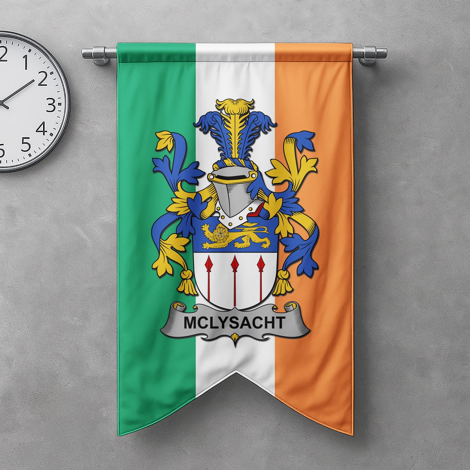 ScotsTee Shop Irish McLysacht or Lysacht Clan Coat of Arms Irish Tartan Gonfalon Flag