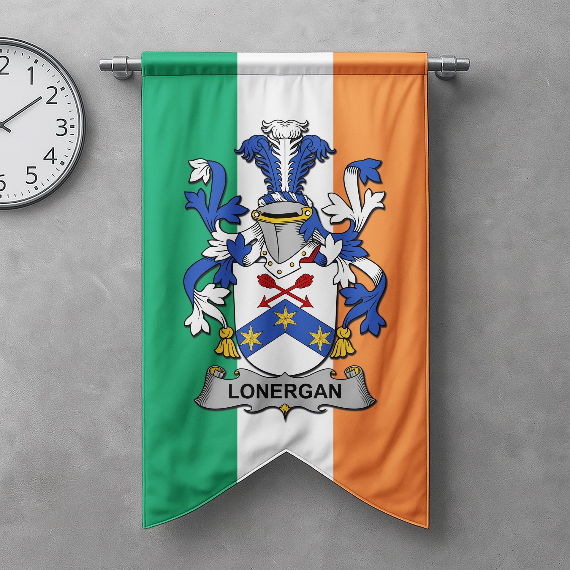 ScotsTee Shop Irish Lonergan or O'Lonergan Clan Coat of Arms Irish Tartan Gonfalon Flag
