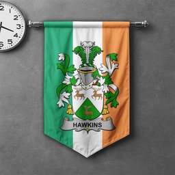 ScotsTee Shop Irish Hawkins or Haughan Clan Coat of Arms Irish Tartan Gonfalon Flag