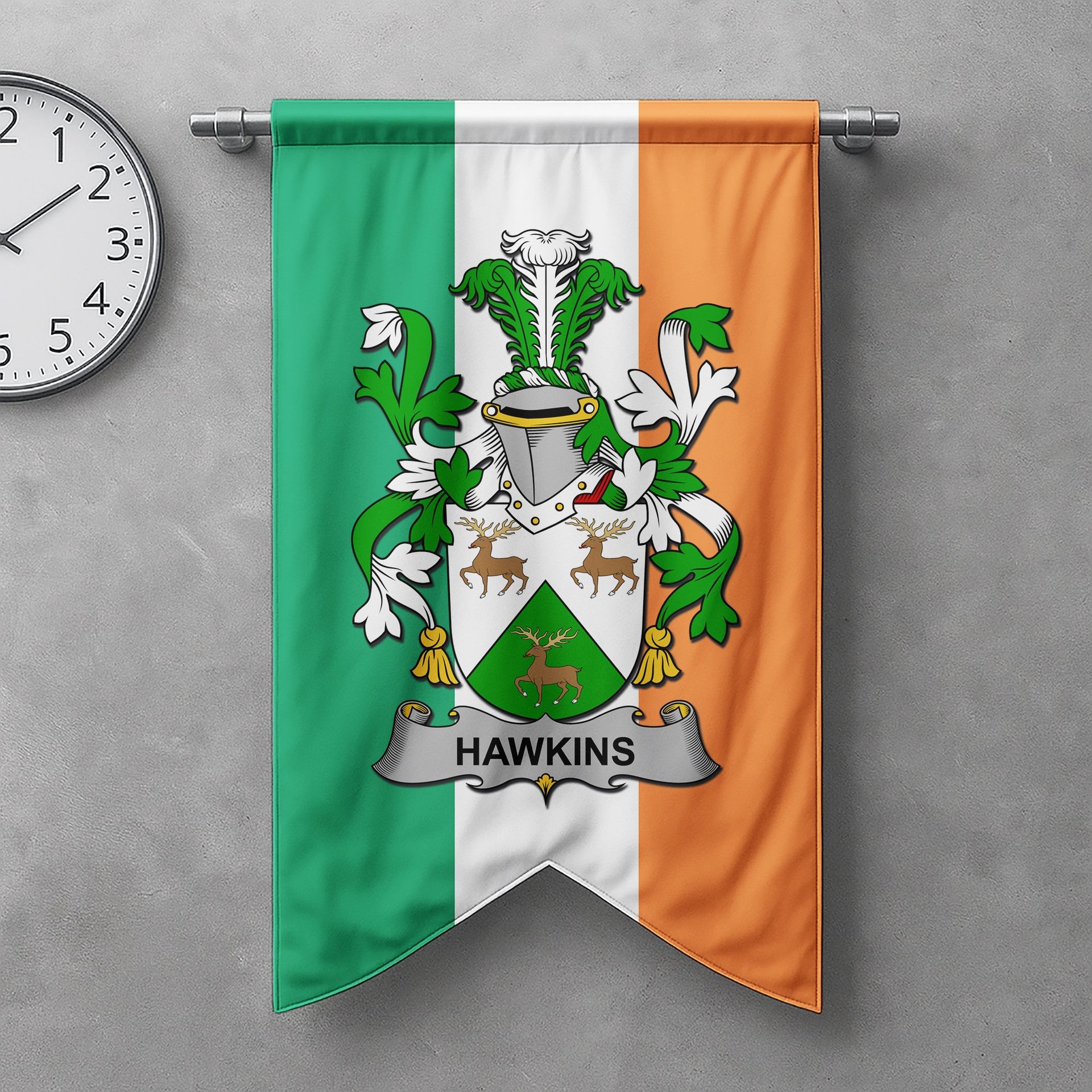 ScotsTee Shop Irish Hawkins or Haughan Clan Coat of Arms Irish Tartan Gonfalon Flag