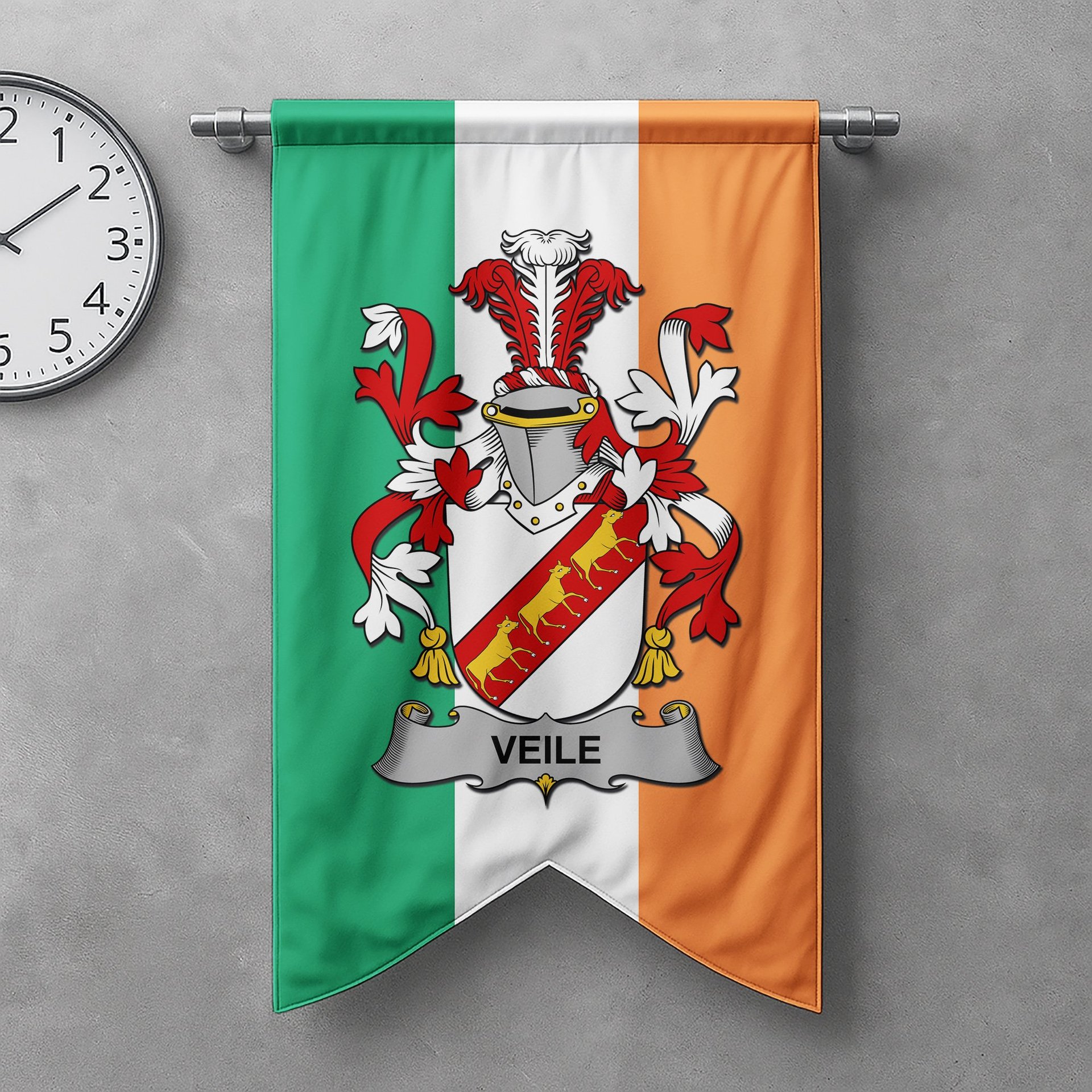 ScotsTee Shop Irish Veile or Veale Clan Coat of Arms Irish Tartan Gonfalon Flag