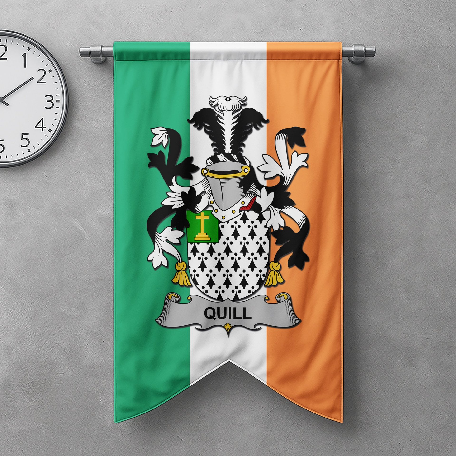 ScotsTee Shop Irish Quill Clan Coat of Arms Irish Tartan Gonfalon Flag