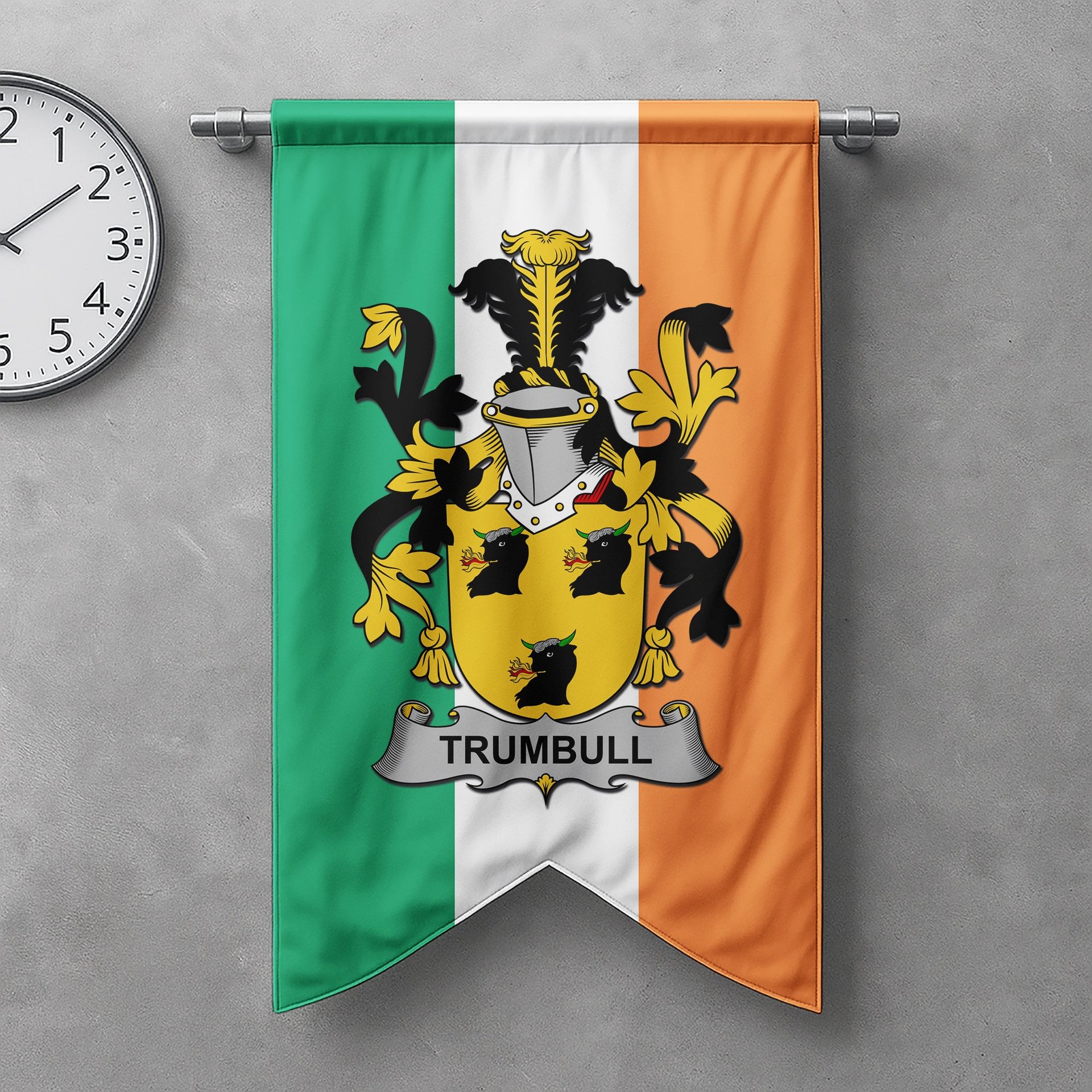 ScotsTee Shop Irish Trumbull or Turnbull Clan Coat of Arms Irish Tartan Gonfalon Flag