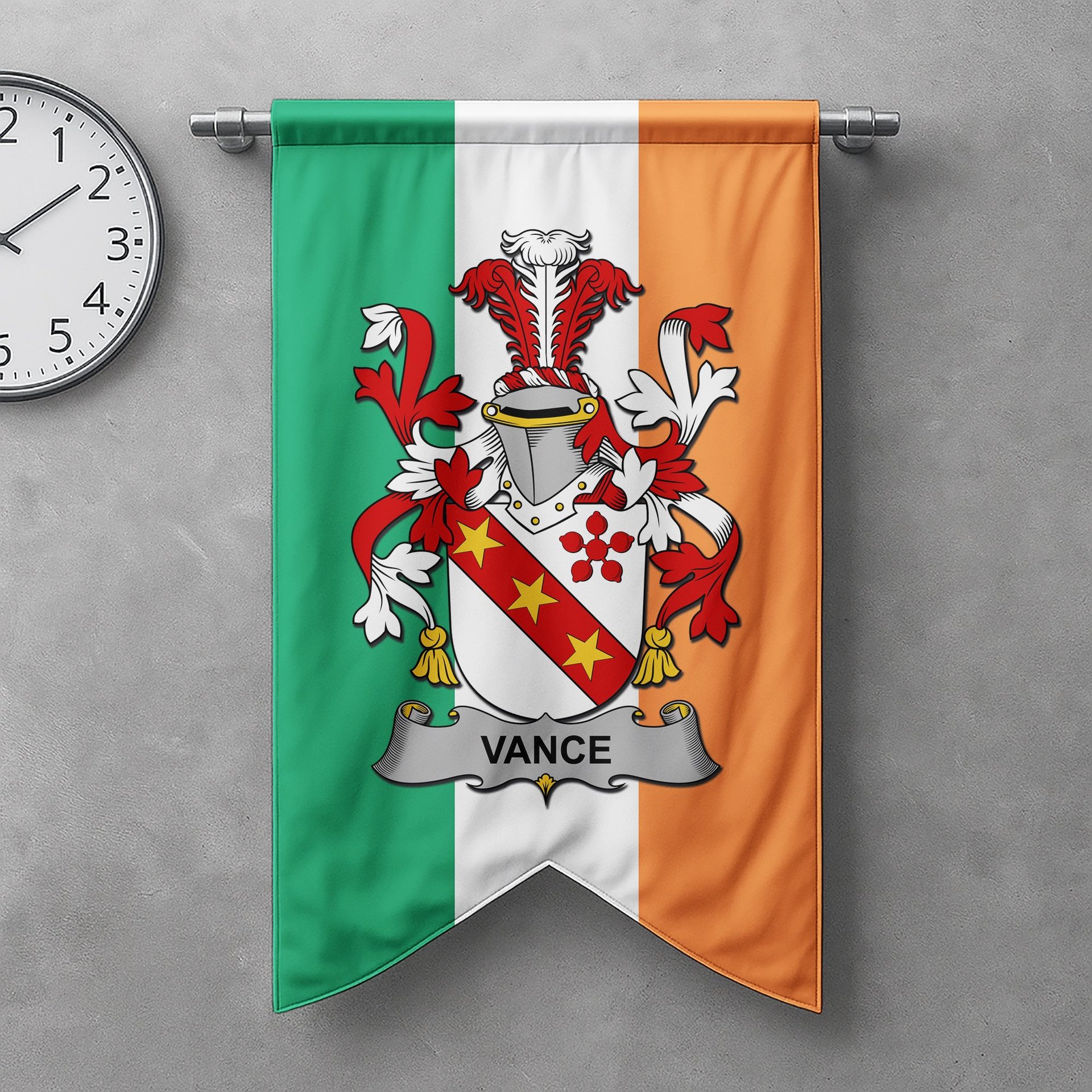 ScotsTee Shop Irish Vance Clan Coat of Arms Irish Tartan Gonfalon Flag