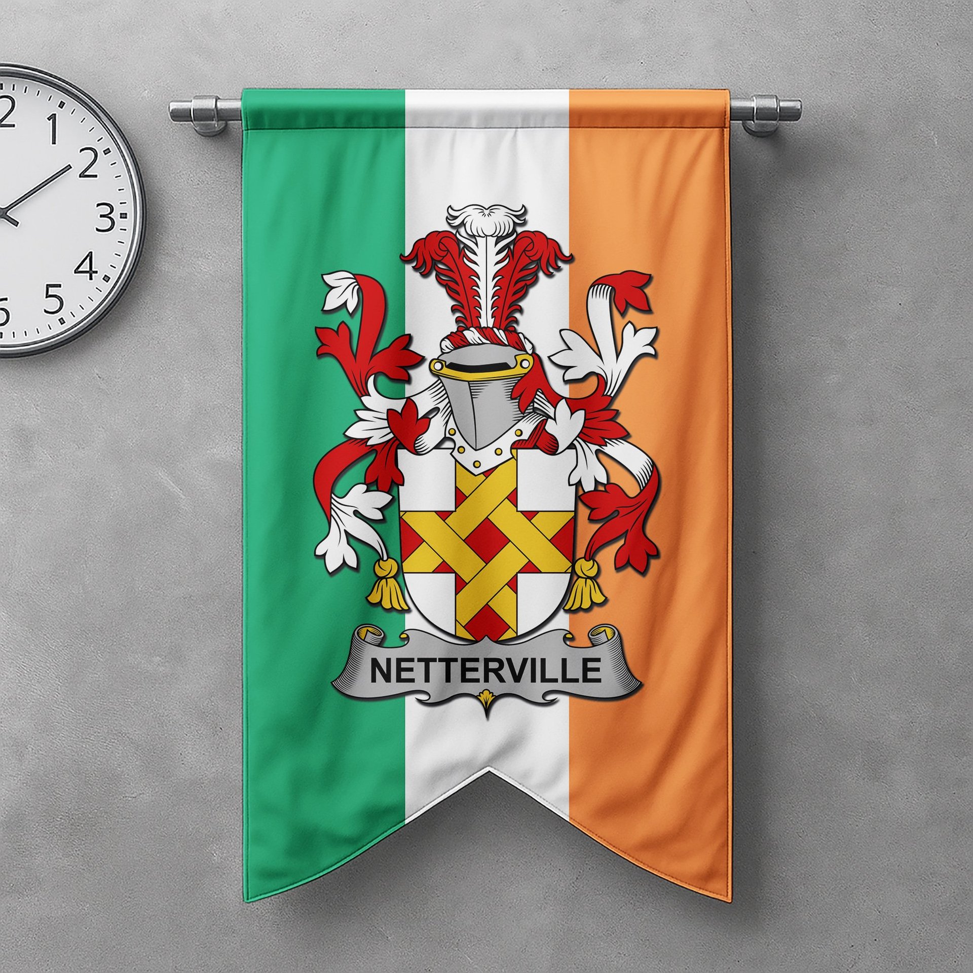 ScotsTee Shop Irish Netterville or Netterfield Clan Coat of Arms Irish Tartan Gonfalon Flag