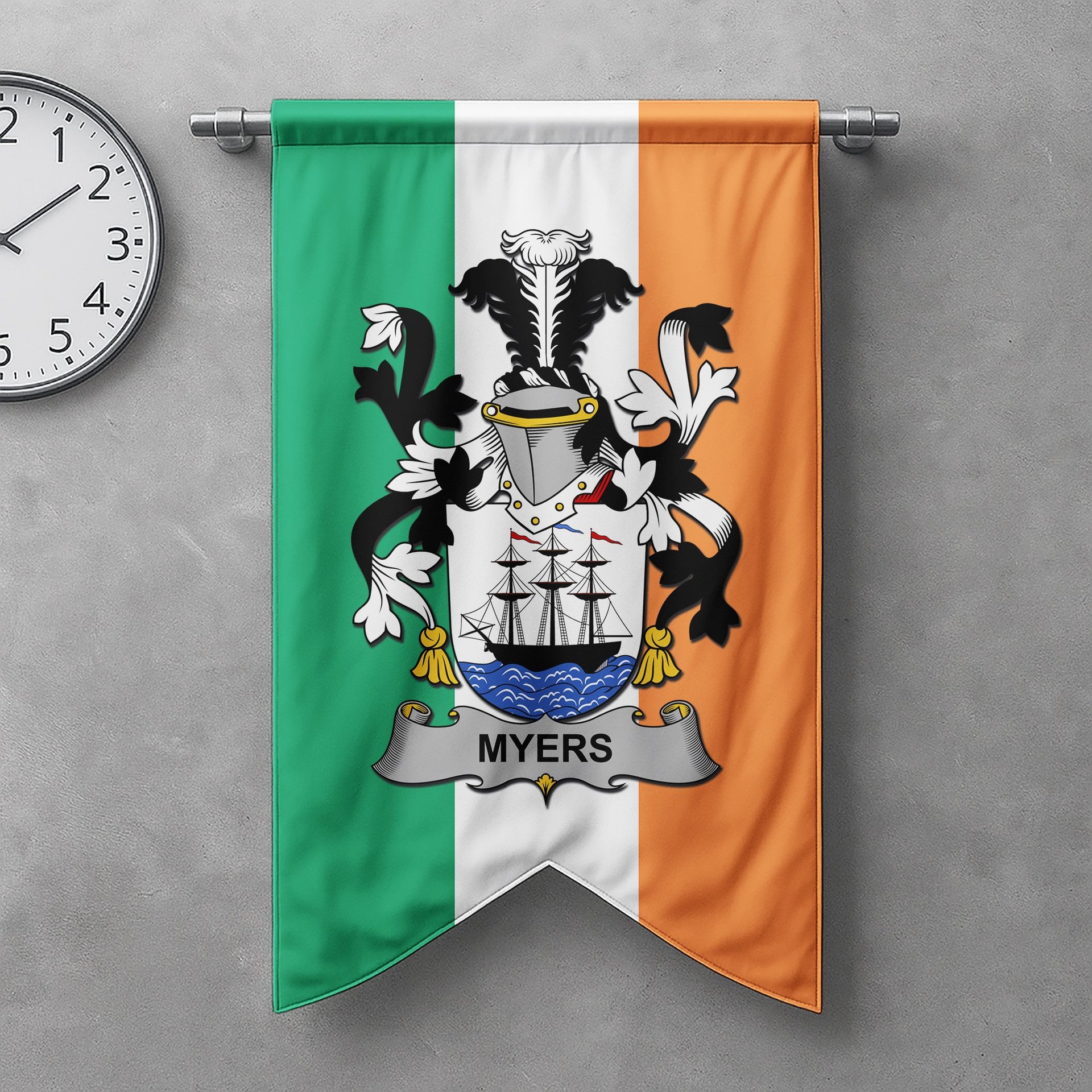 ScotsTee Shop Irish Myers Clan Coat of Arms Irish Tartan Gonfalon Flag