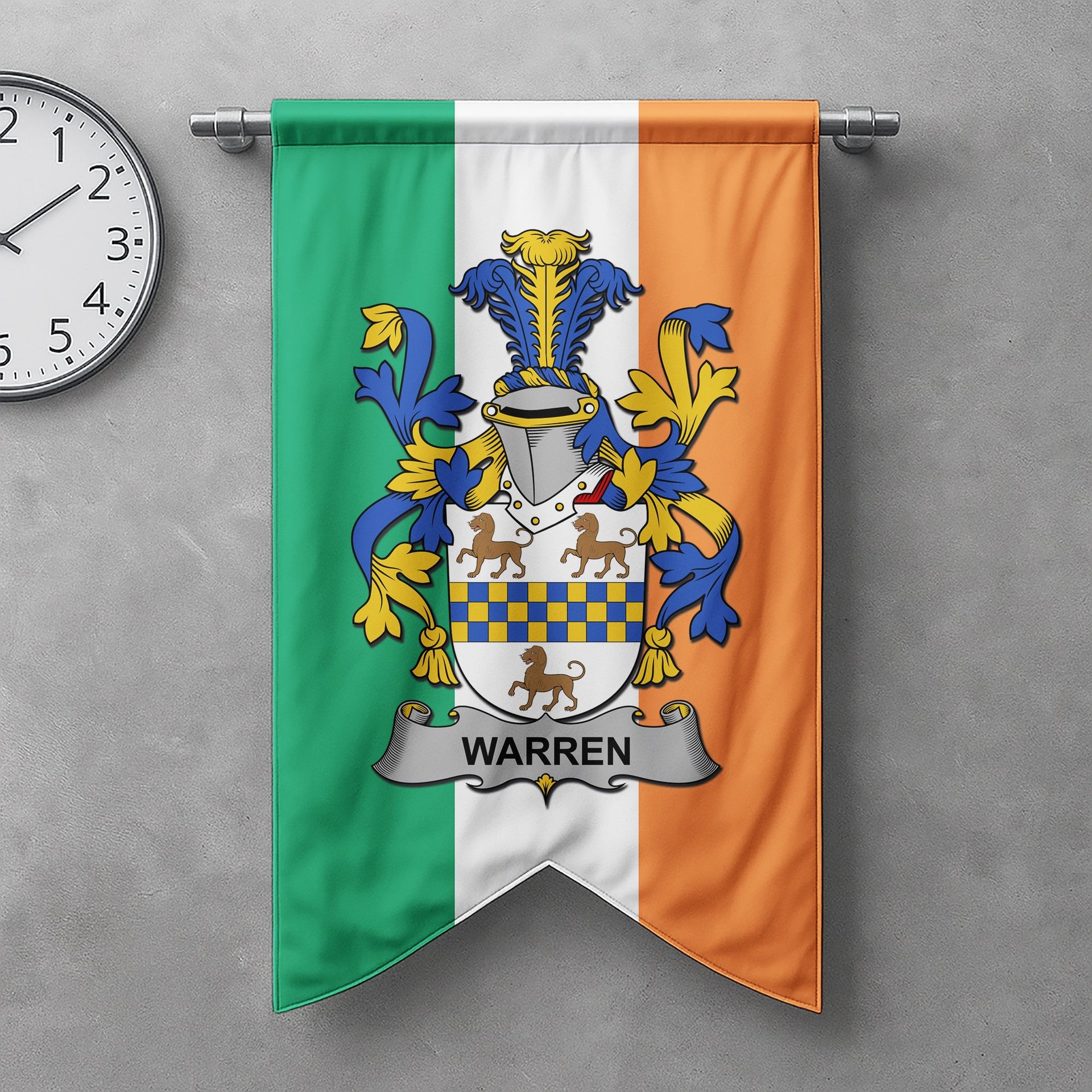 ScotsTee Shop Irish Warren Clan Coat of Arms Irish Tartan Gonfalon Flag