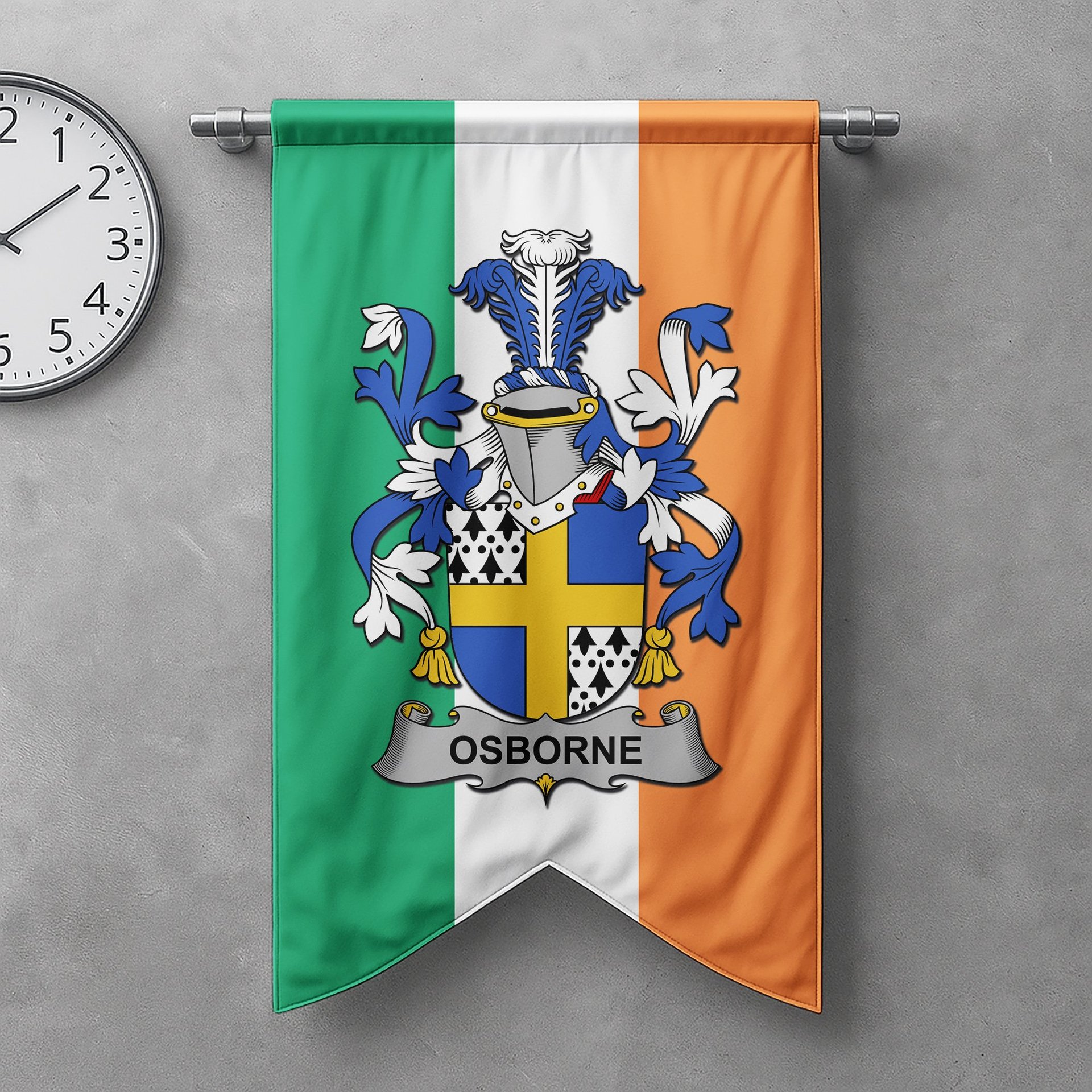 ScotsTee Shop Irish Osborne Clan Coat of Arms Irish Tartan Gonfalon Flag