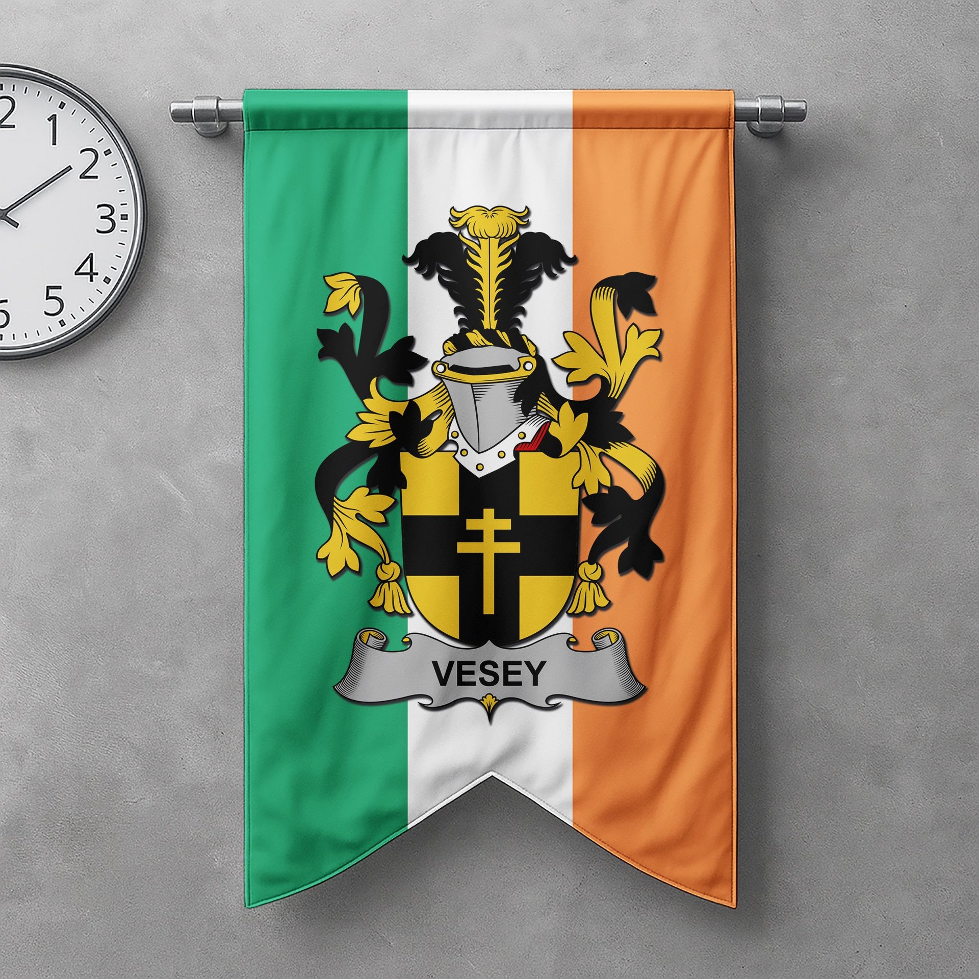 ScotsTee Shop Irish Vesey Clan Coat of Arms Irish Tartan Gonfalon Flag