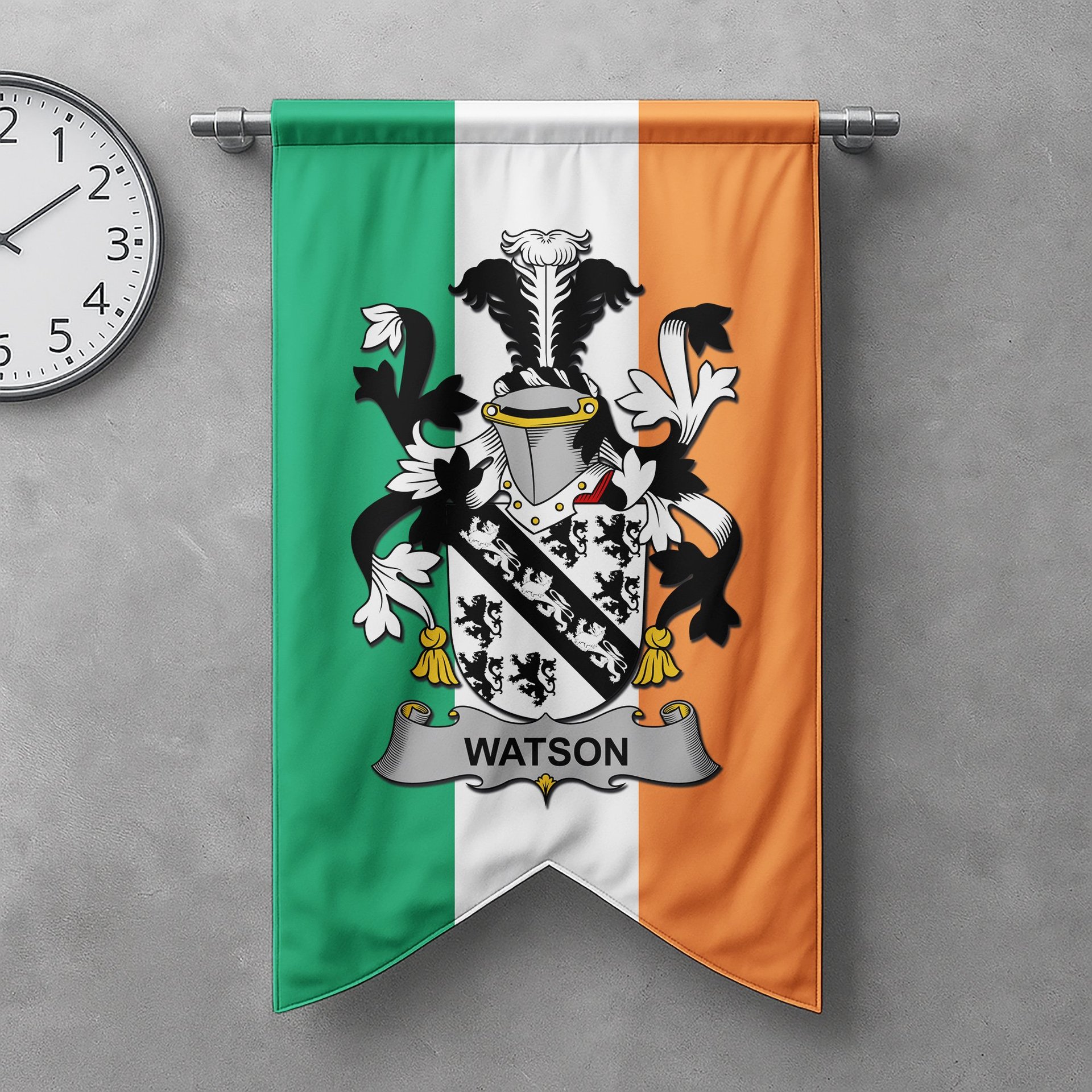 ScotsTee Shop Irish Watson Clan Coat of Arms Irish Tartan Gonfalon Flag