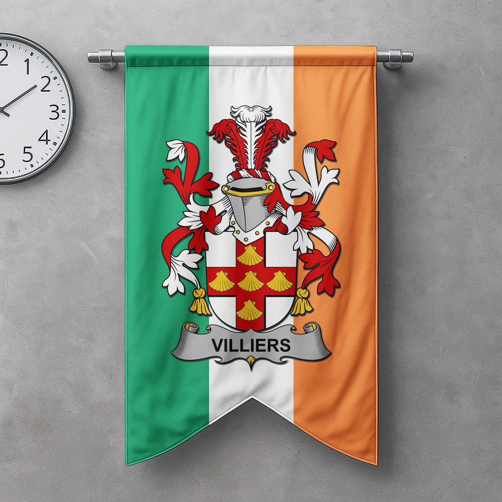 ScotsTee Shop Irish Villiers Clan Coat of Arms Irish Tartan Gonfalon Flag