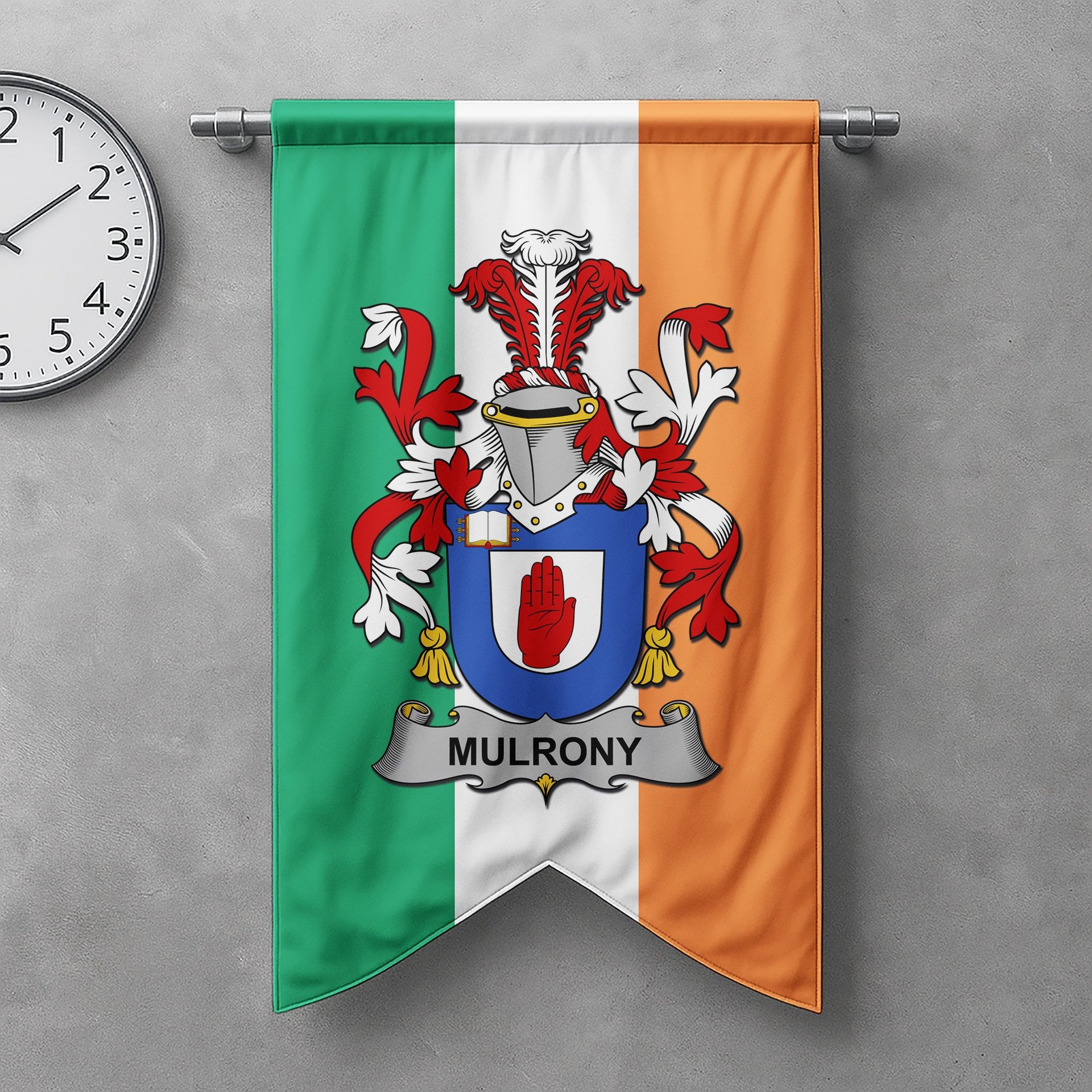 ScotsTee Shop Irish Mulrony or O'Mulroney Clan Coat of Arms Irish Tartan Gonfalon Flag