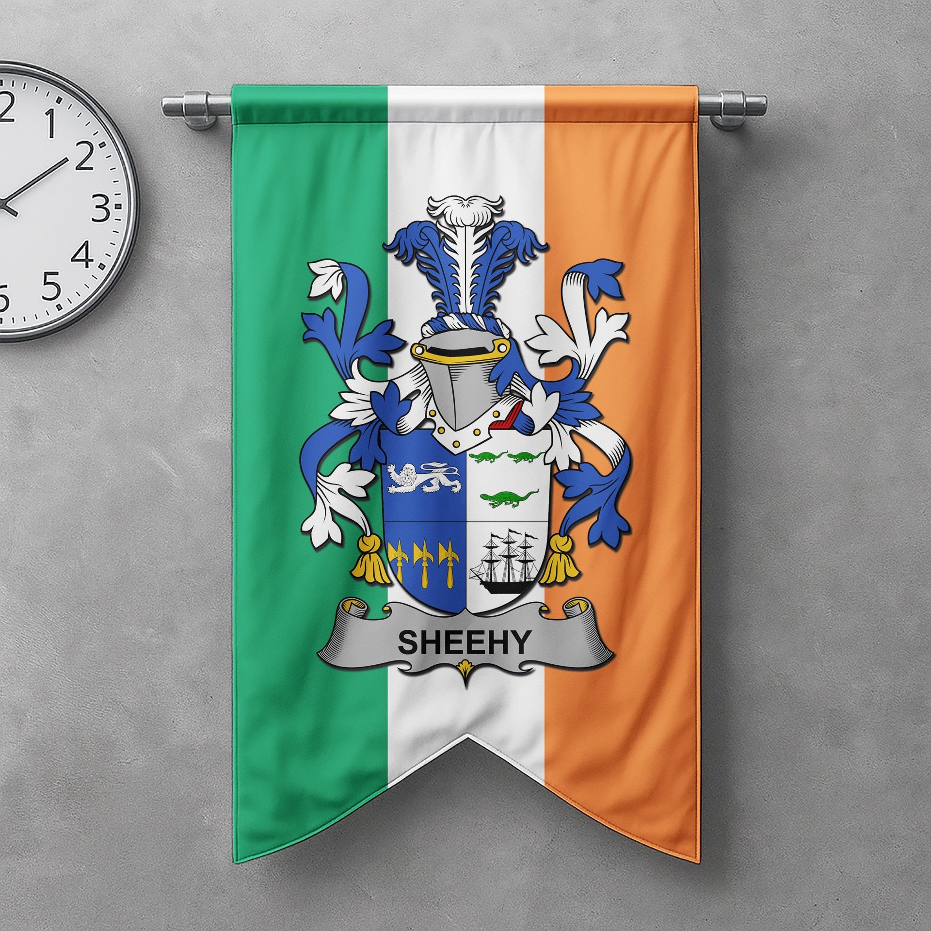 ScotsTee Shop Irish Sheehy or McSheehy Clan Coat of Arms Irish Tartan Gonfalon Flag