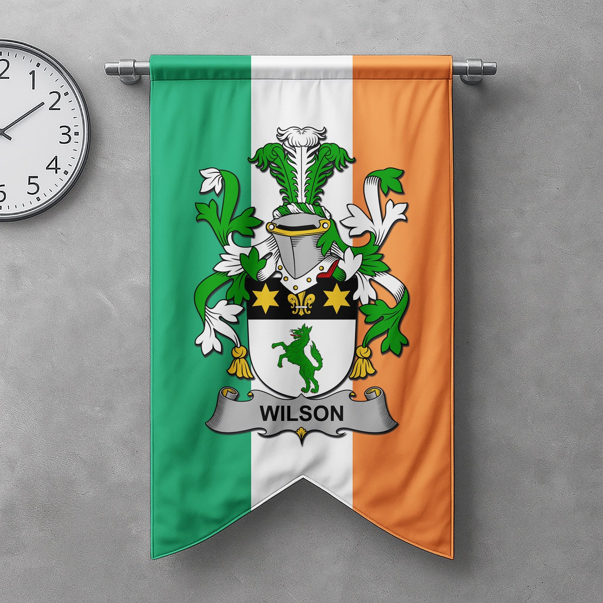 ScotsTee Shop Irish Wilson Clan Coat of Arms Irish Tartan Gonfalon Flag