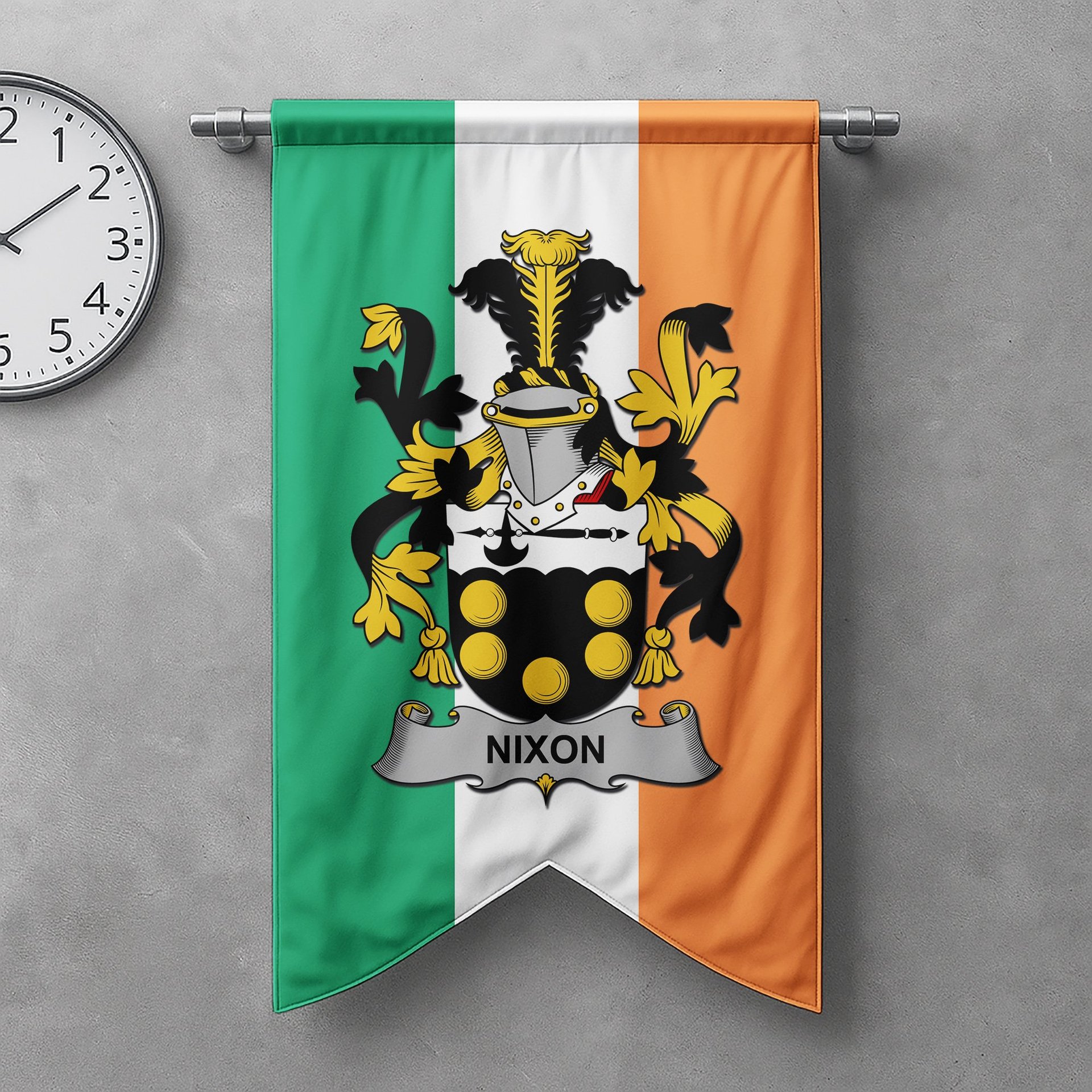ScotsTee Shop Irish Nixon Clan Coat of Arms Irish Tartan Gonfalon Flag