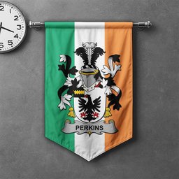 ScotsTee Shop Irish Perkins Clan Coat of Arms Irish Tartan Gonfalon Flag