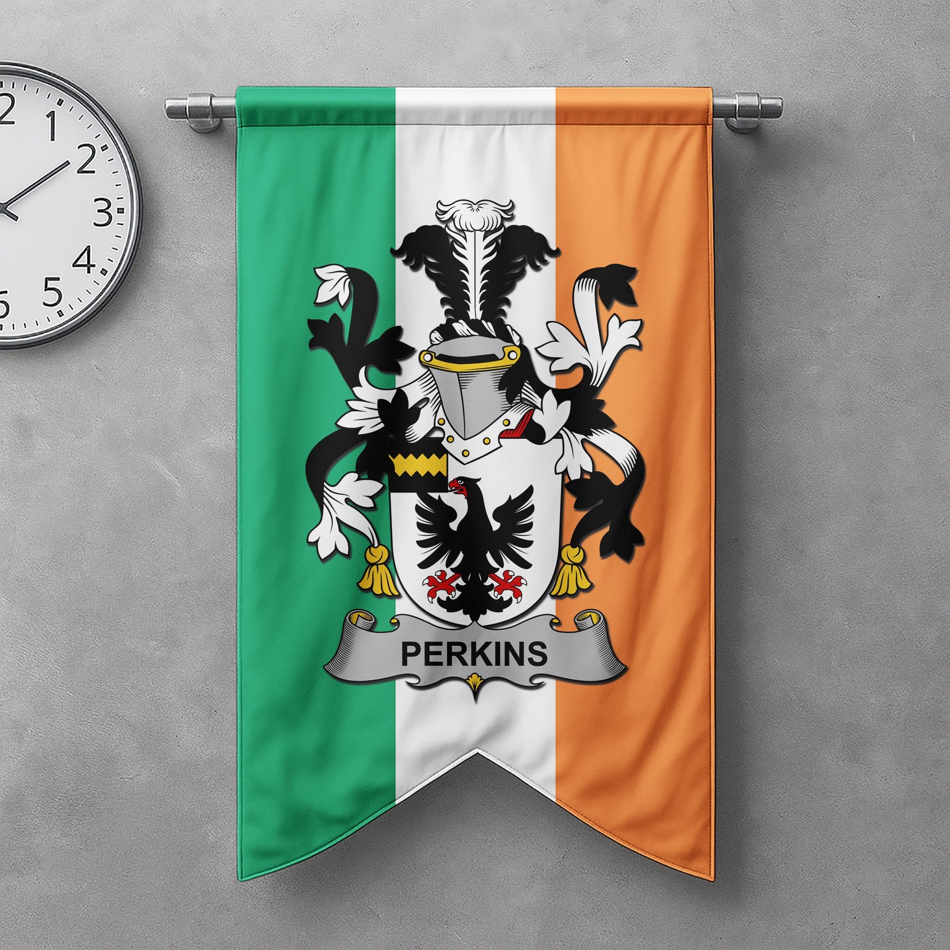 ScotsTee Shop Irish Perkins Clan Coat of Arms Irish Tartan Gonfalon Flag