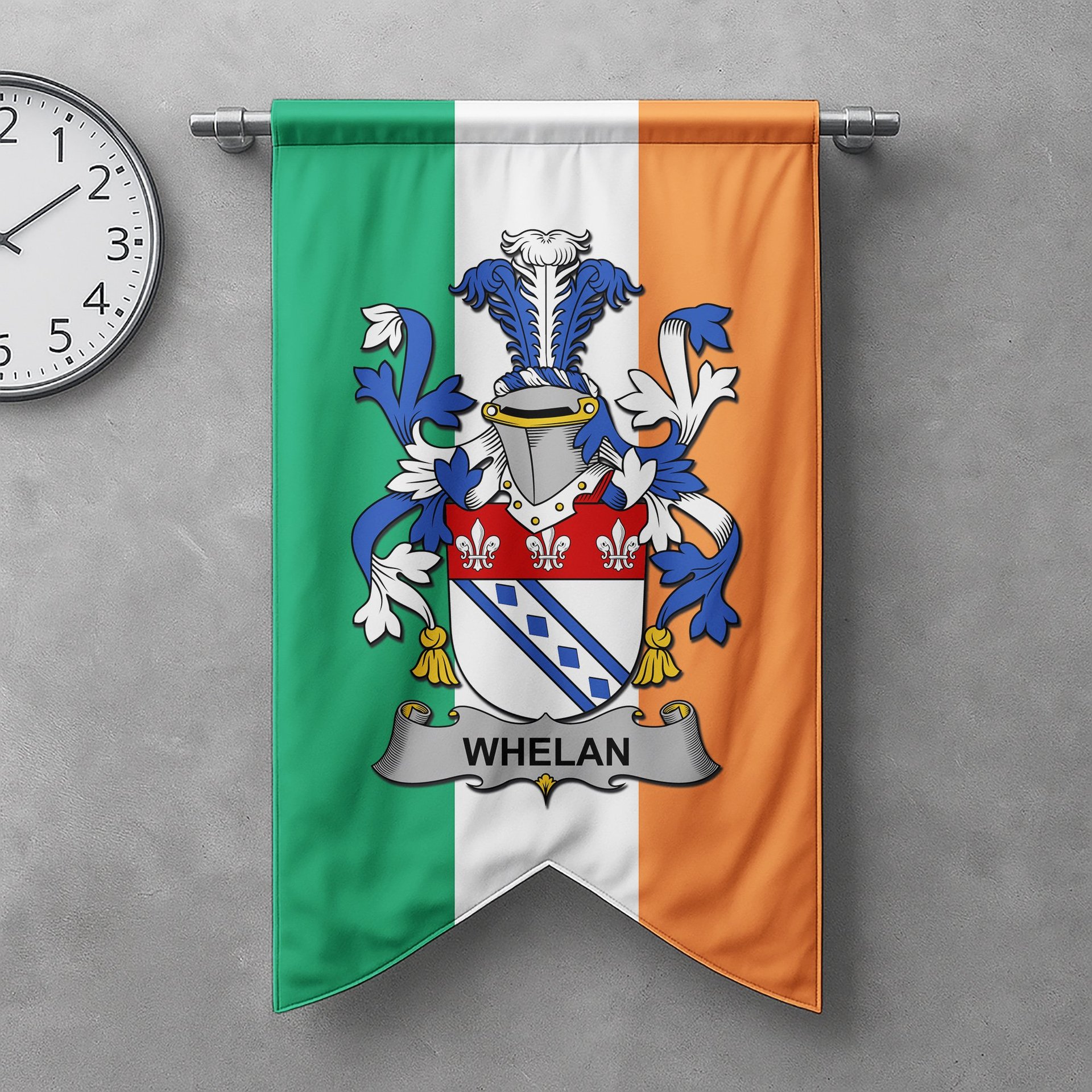 ScotsTee Shop Irish Whelan Clan Coat of Arms Irish Tartan Gonfalon Flag
