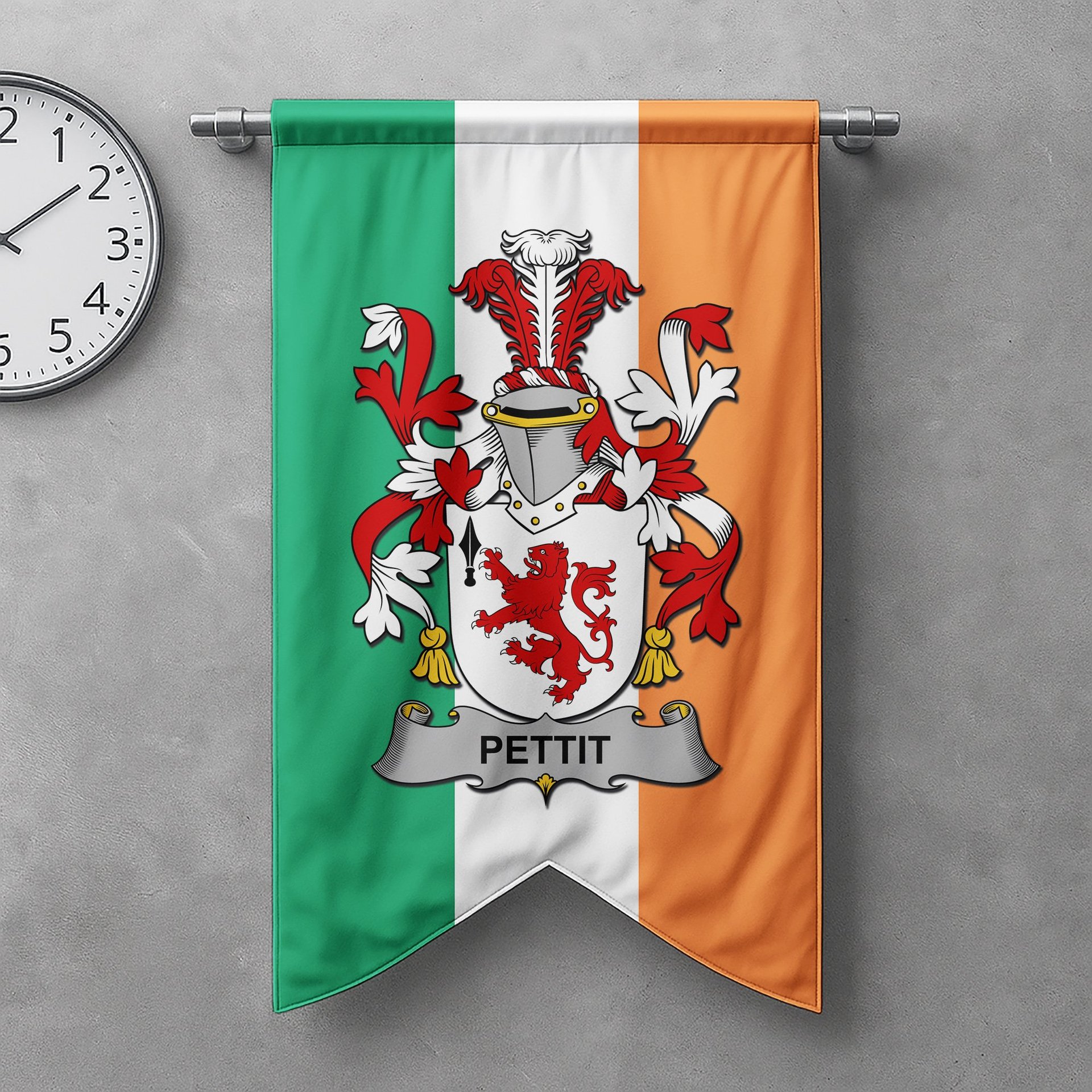 ScotsTee Shop Irish Pettit Clan Coat of Arms Irish Tartan Gonfalon Flag