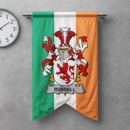 ScotsTee Shop Irish Russell Clan Coat of Arms Irish Tartan Gonfalon Flag