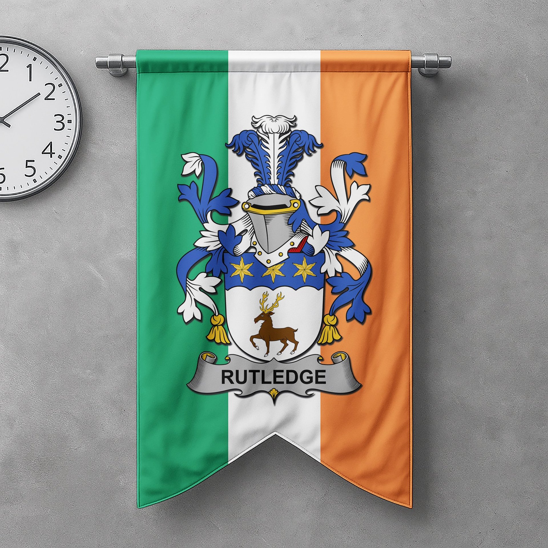 ScotsTee Shop Irish Rutledge Clan Coat of Arms Irish Tartan Gonfalon Flag