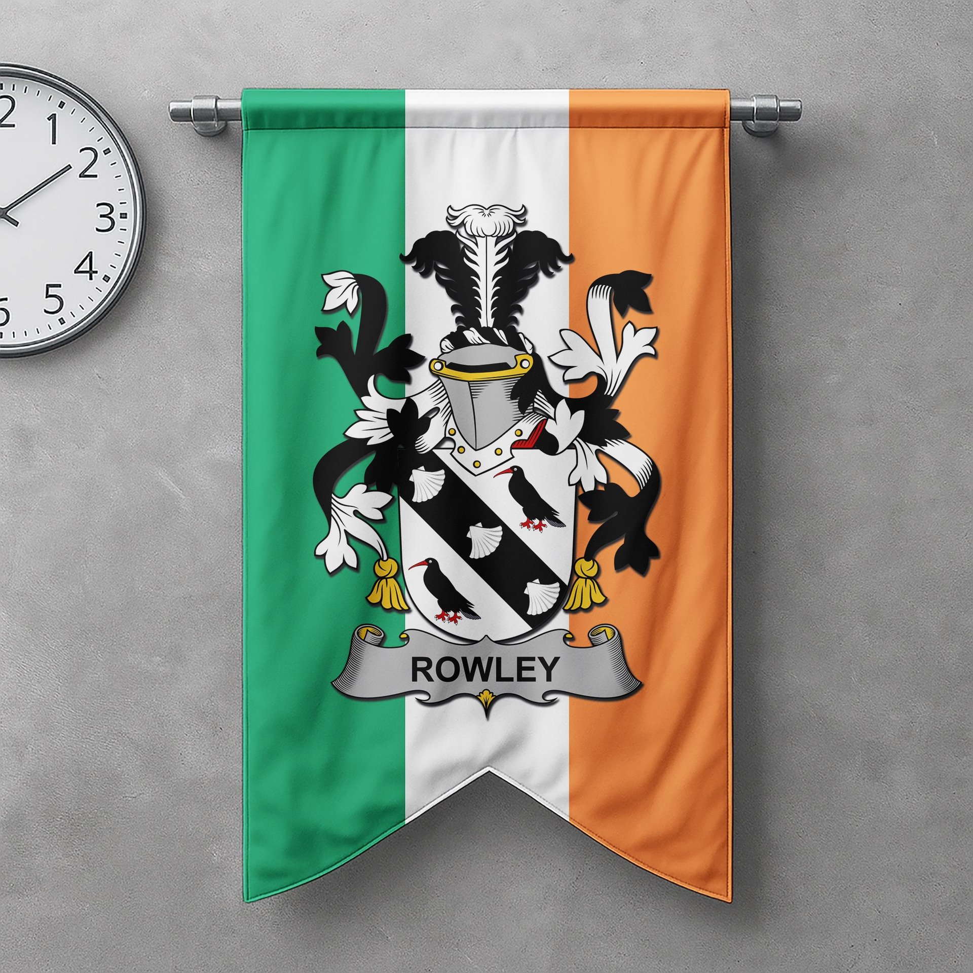 ScotsTee Shop Irish Rowley or O'Rowley Clan Coat of Arms Irish Tartan Gonfalon Flag
