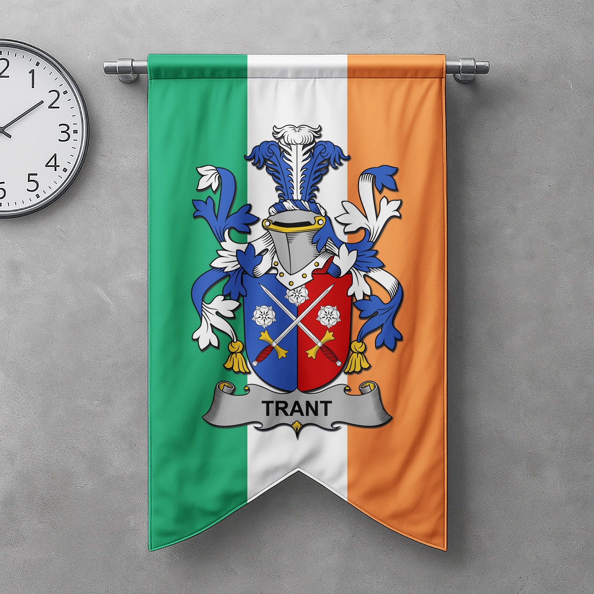 ScotsTee Shop Irish Trant or Trent Clan Coat of Arms Irish Tartan Gonfalon Flag