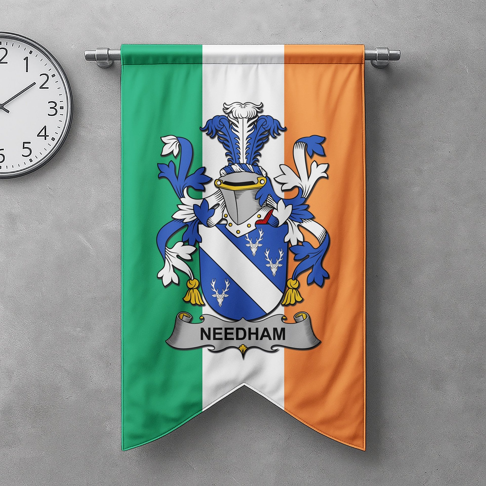 ScotsTee Shop Irish Needham or O'Nee Clan Coat of Arms Irish Tartan Gonfalon Flag