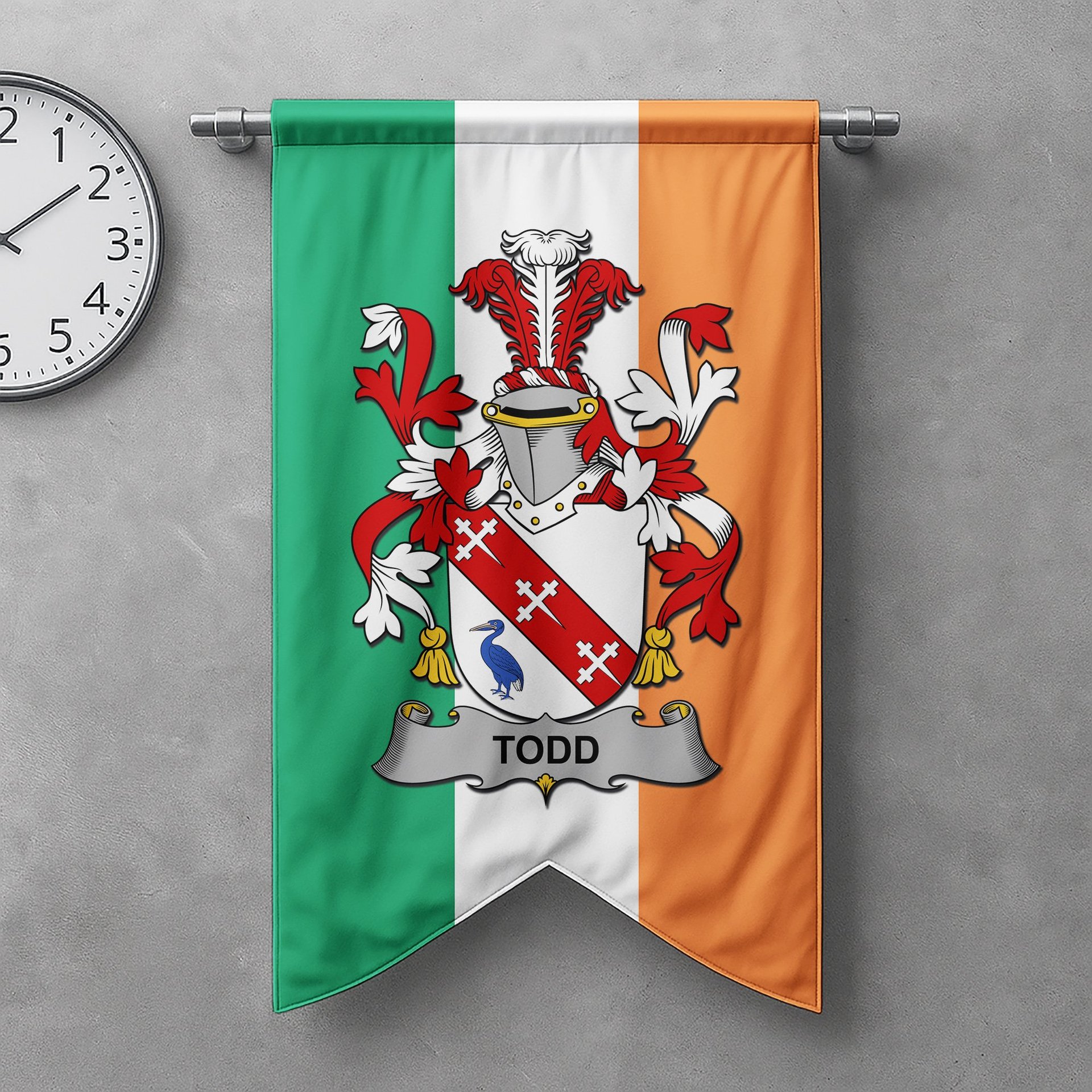 ScotsTee Shop Irish Todd or Tod Clan Coat of Arms Irish Tartan Gonfalon Flag