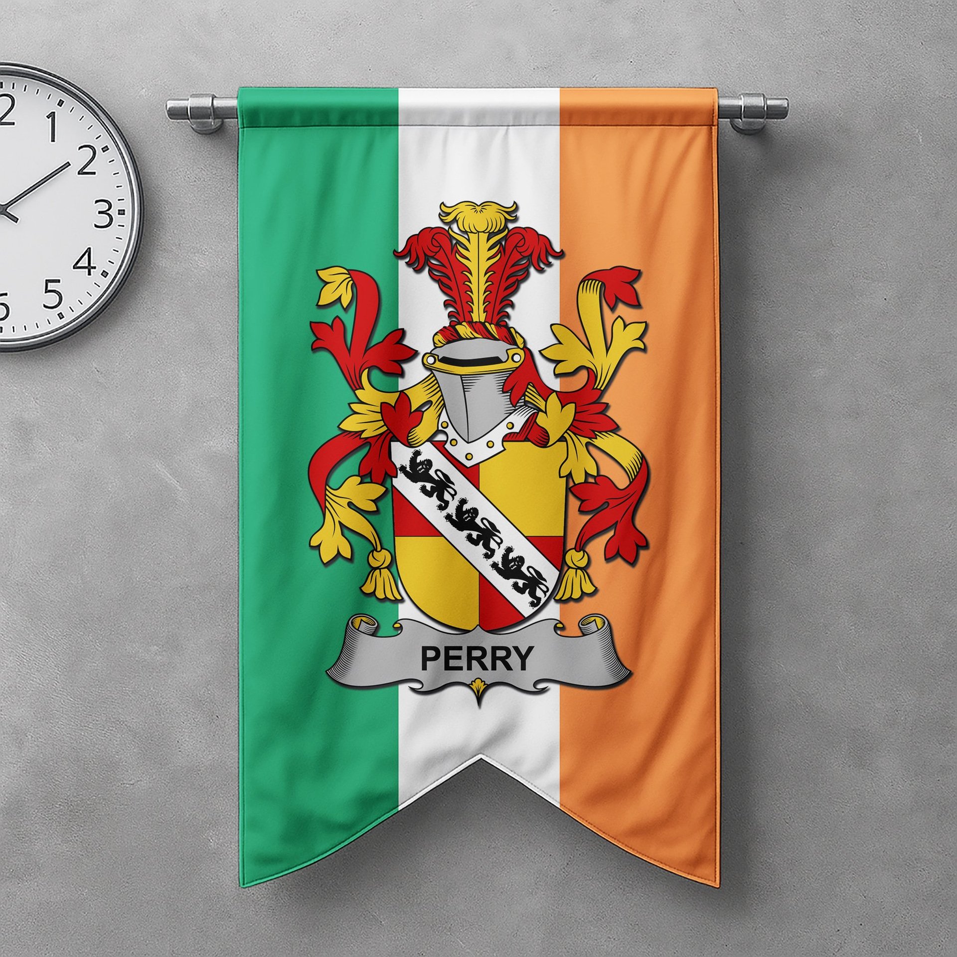 ScotsTee Shop Irish Perry Clan Coat of Arms Irish Tartan Gonfalon Flag