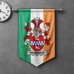 ScotsTee Shop Irish Wilkinson Clan Coat of Arms Irish Tartan Gonfalon Flag