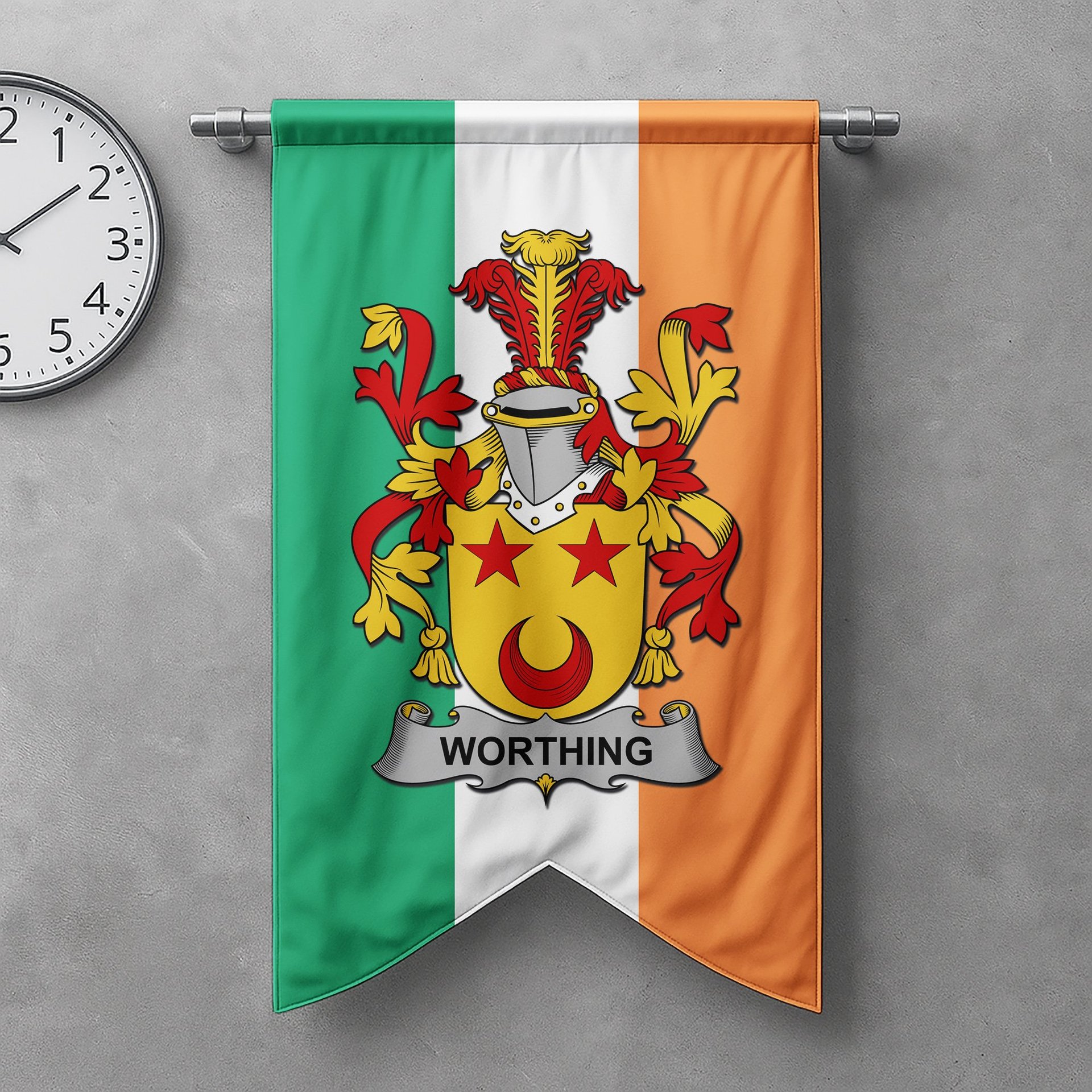 ScotsTee Shop Irish Worthing Clan Coat of Arms Irish Tartan Gonfalon Flag