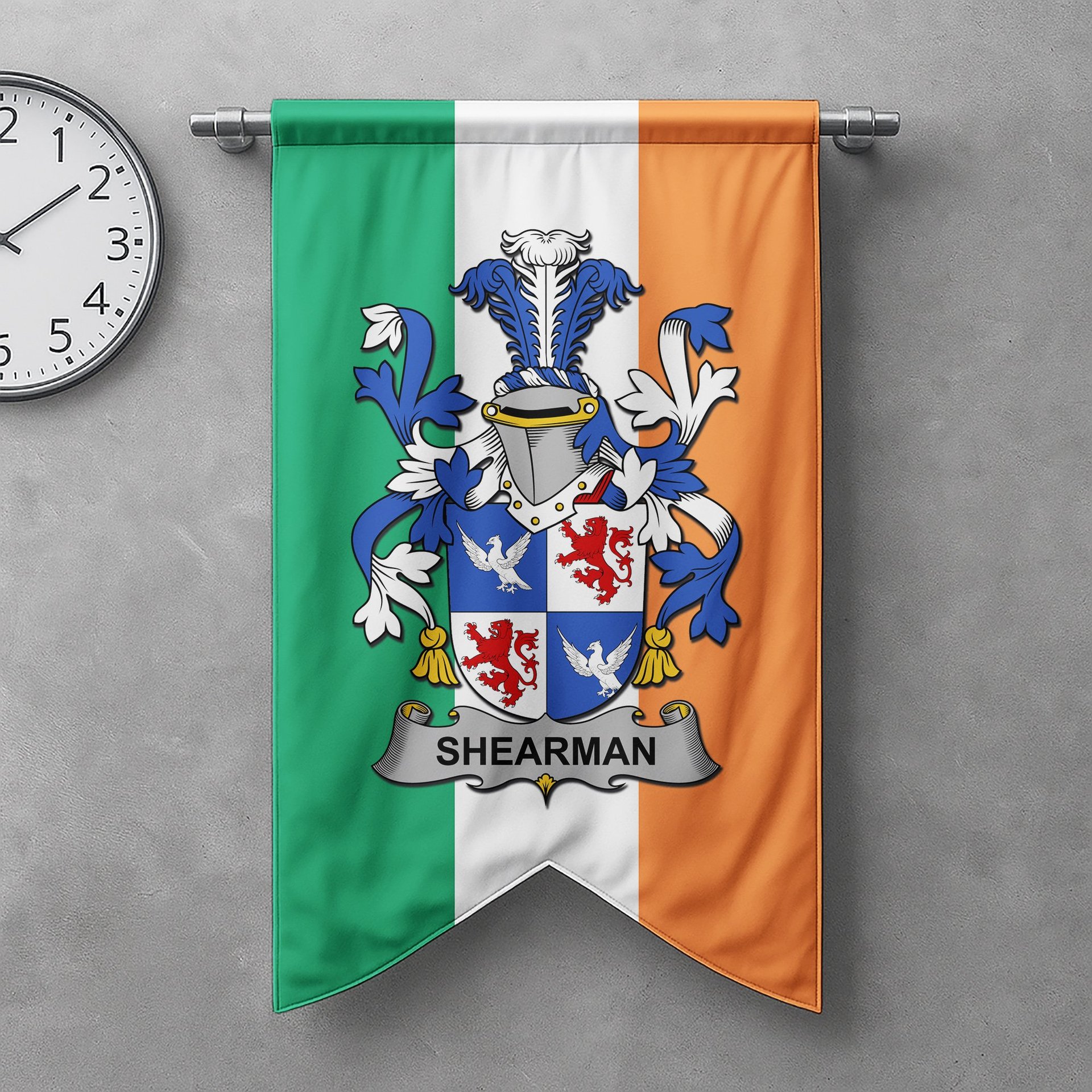 ScotsTee Shop Irish Shearman Clan Coat of Arms Irish Tartan Gonfalon Flag