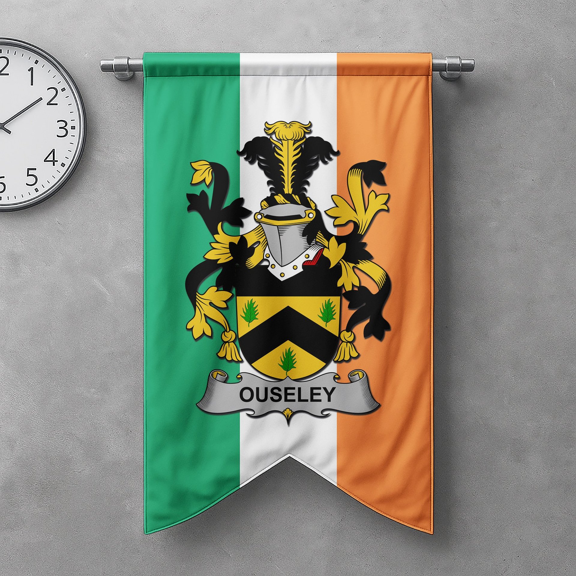 ScotsTee Shop Irish Ouseley Clan Coat of Arms Irish Tartan Gonfalon Flag