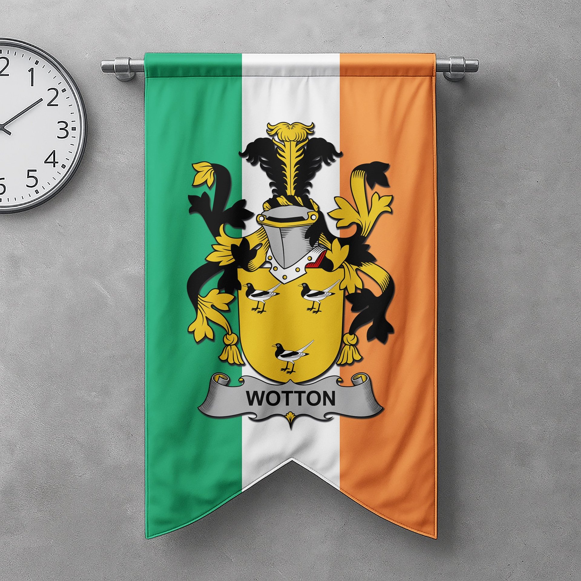 ScotsTee Shop Irish Wotton Clan Coat of Arms Irish Tartan Gonfalon Flag