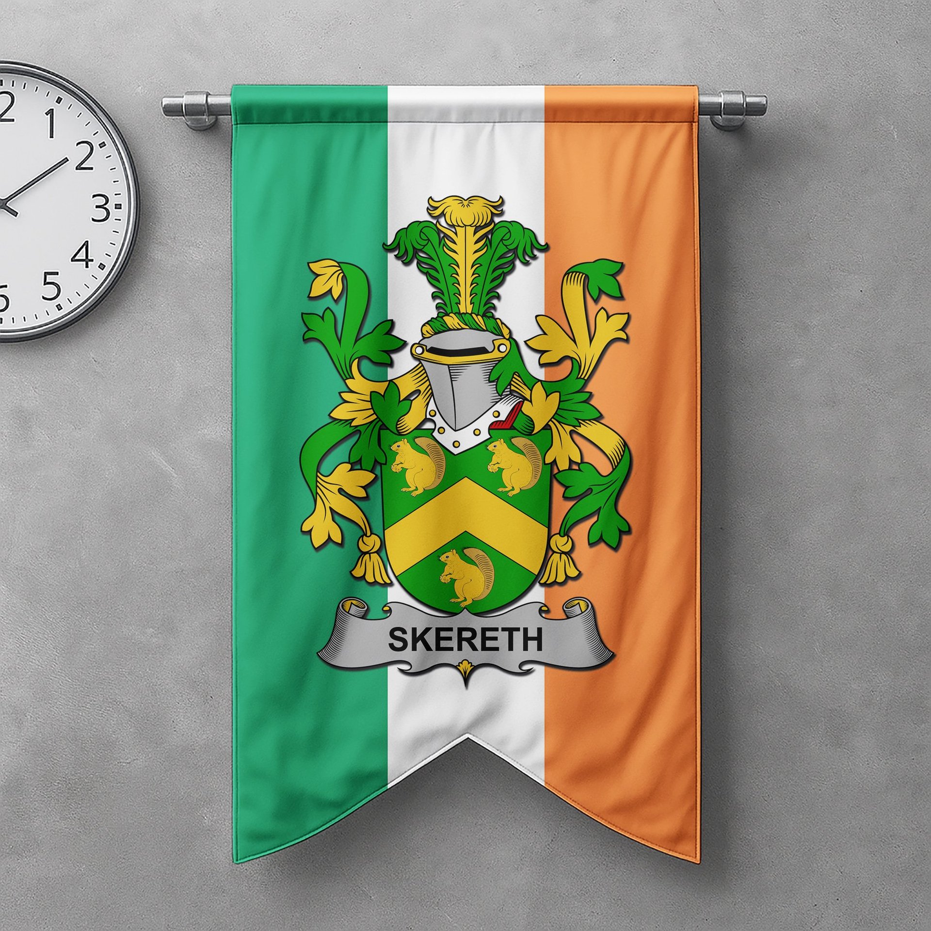 ScotsTee Shop Irish Skereth or Skerret Clan Coat of Arms Irish Tartan Gonfalon Flag